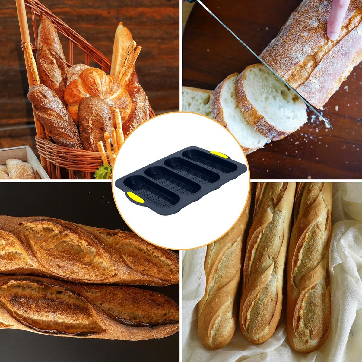 Silicone bread pan - with 4 cavities - non-stick coating - for sourdough bread and heat-resistant baguette pan - bread pans - for homemade bread - silicone baking molds - for hoagie rolls, sandwiches and hot dog buns - 34*24*2.5 cm - grey - Image 3