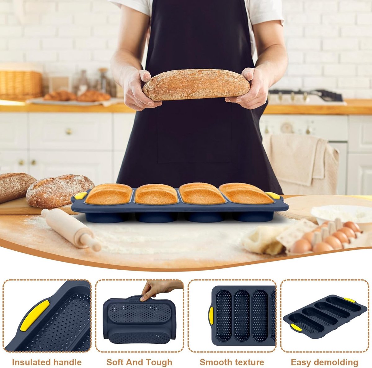 Silicone bread pan - with 4 cavities - non-stick coating - for sourdough bread and heat-resistant baguette pan - bread pans - for homemade bread - silicone baking molds - for hoagie rolls, sandwiches and hot dog buns - 34*24*2.5 cm - grey - Image 4