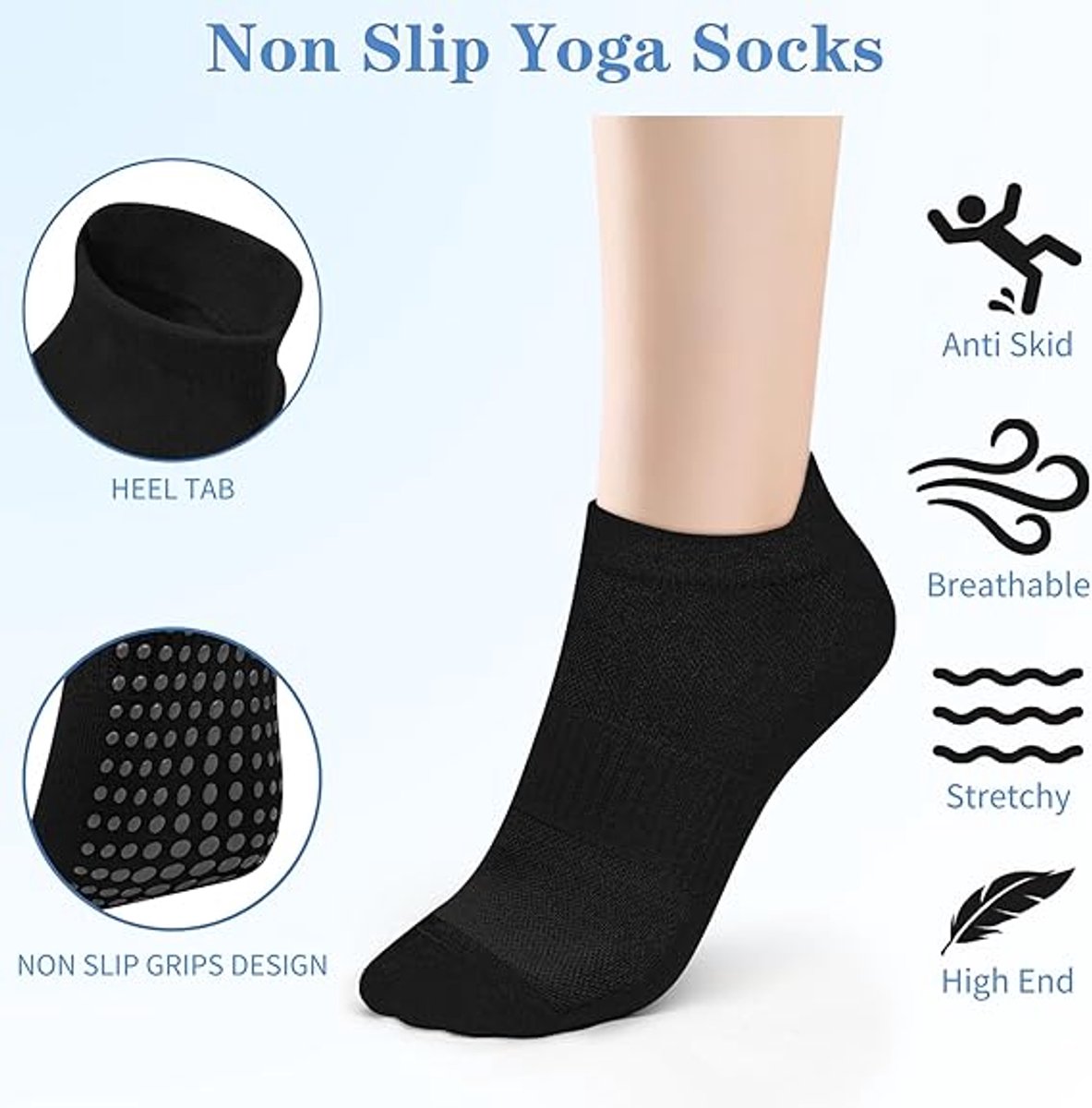 pairs - Socks - Pilates socks - Yoga socks - Non-slip socks - Pilates non-slip socks - Women's non-slip socks - non-slip yoga socks - floor socks for home - for Pilates, trampoline, fitness, ballet - black - Image 3