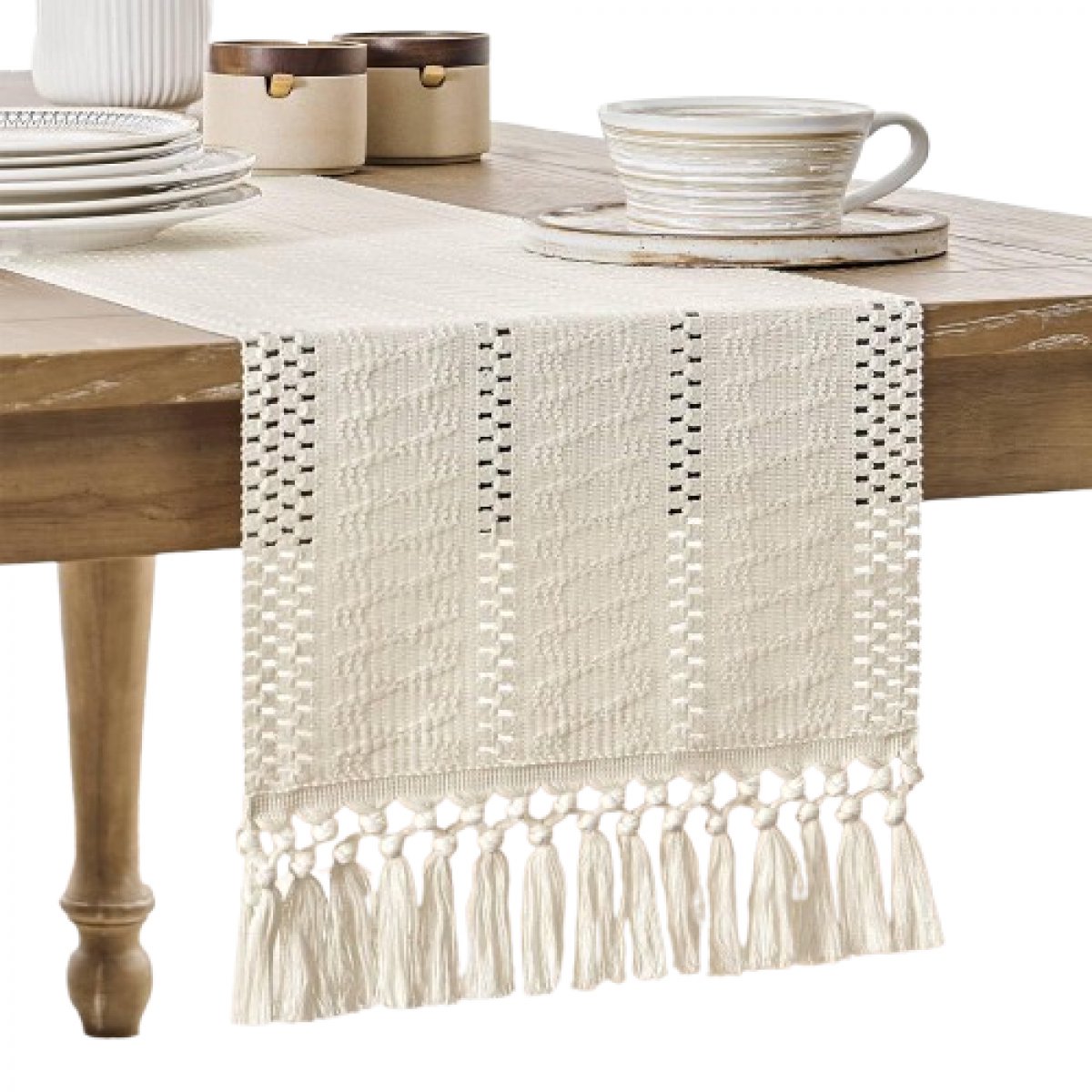 Table runner - tablecloth - Bohemian style table runner - pink table runner - with knotted tassel - farmhouse woven home decor - white - 30*240 cm - Image 1