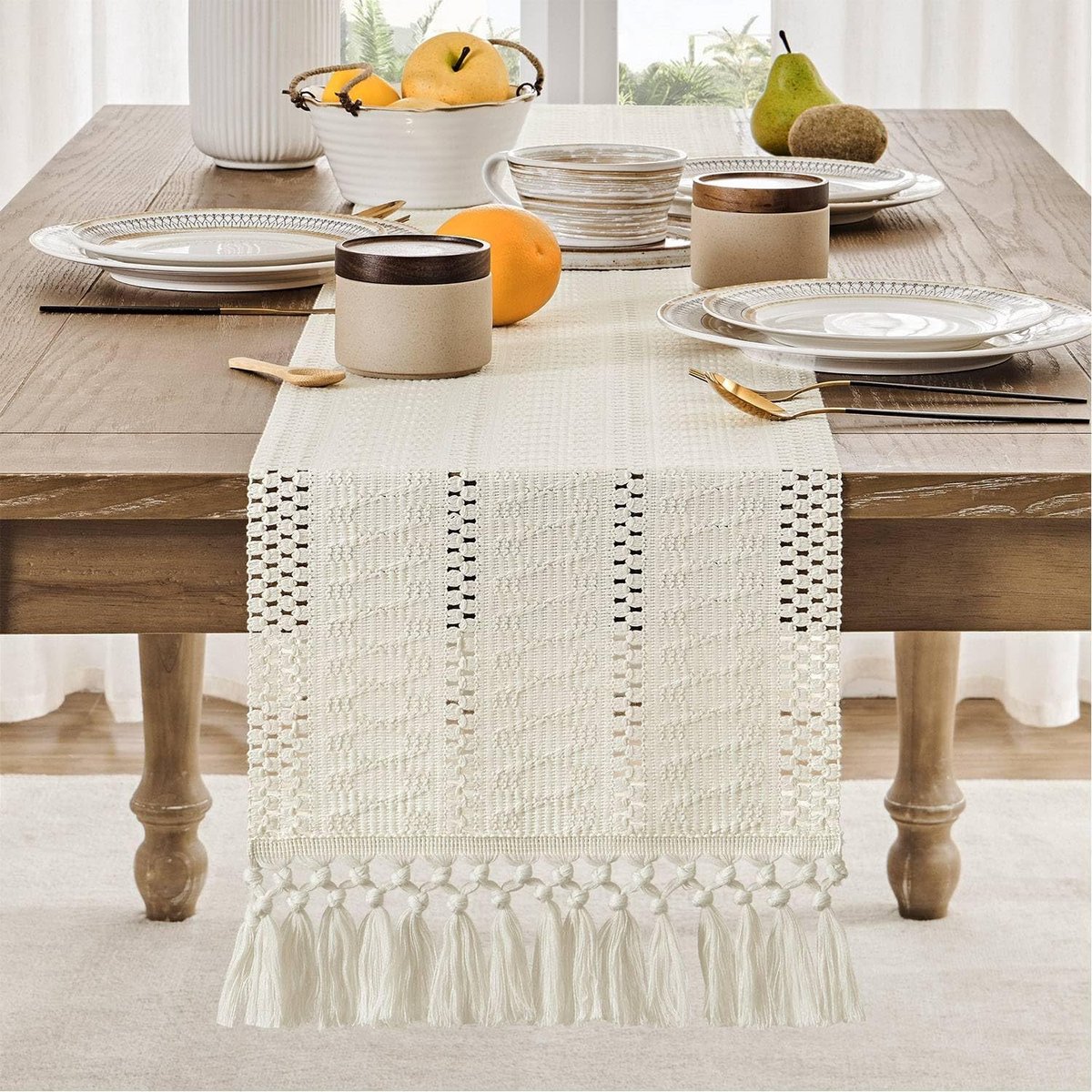 Table runner - tablecloth - Bohemian style table runner - pink table runner - with knotted tassel - farmhouse woven home decor - white - 30*240 cm - Image 3