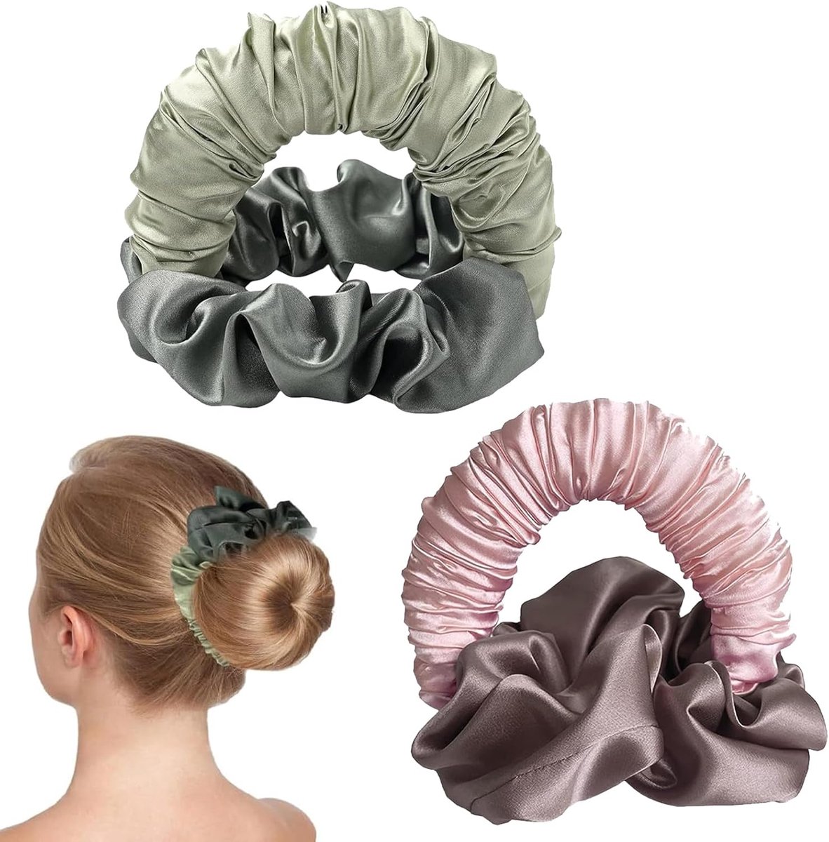 2 pieces - Heatless Curls - Hair curler - hair rollers - Heatless curlers - soft sleep curl scrunchie - for long, medium-length hair - heatless hair curler - satin night curler - lazy scrunchie - hair styling tools - pink and green - Image 1