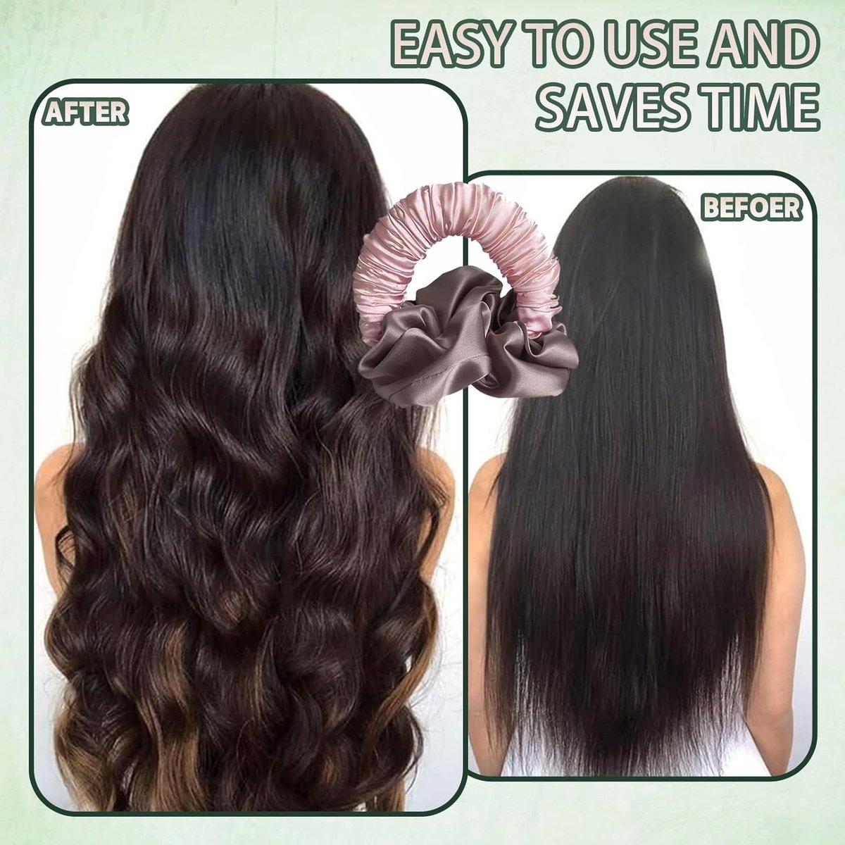 2 pieces - Heatless Curls - Hair curler - hair rollers - Heatless curlers - soft sleep curl scrunchie - for long, medium-length hair - heatless hair curler - satin night curler - lazy scrunchie - hair styling tools - pink and green - Image 4