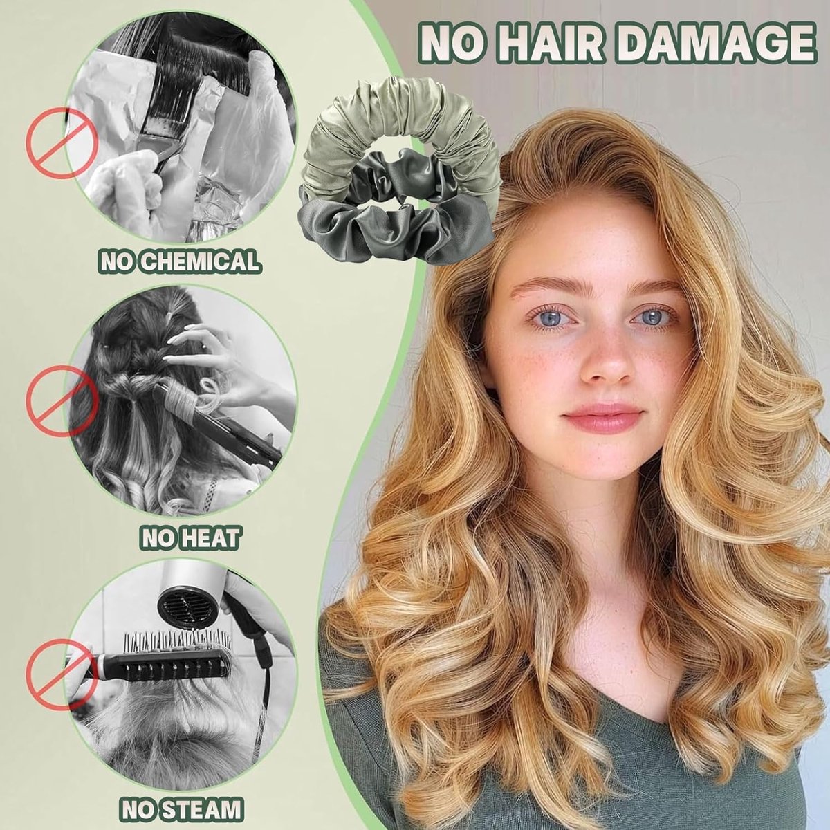 2 pieces - Heatless Curls - Hair curler - hair rollers - Heatless curlers - soft sleep curl scrunchie - for long, medium-length hair - heatless hair curler - satin night curler - lazy scrunchie - hair styling tools - pink and green - Image 5