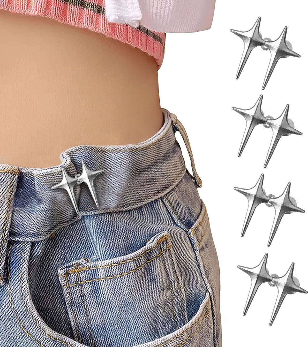 4 pieces - Waist Extender - Tightening Button Adjuster Buttons - Adjustable star button trouser waist tighter - Star trouser waist buckle - Adjustable waistband clips - Trouser waist reinforcement - For loose jeans, trousers, skirts and sleeves - Image 1