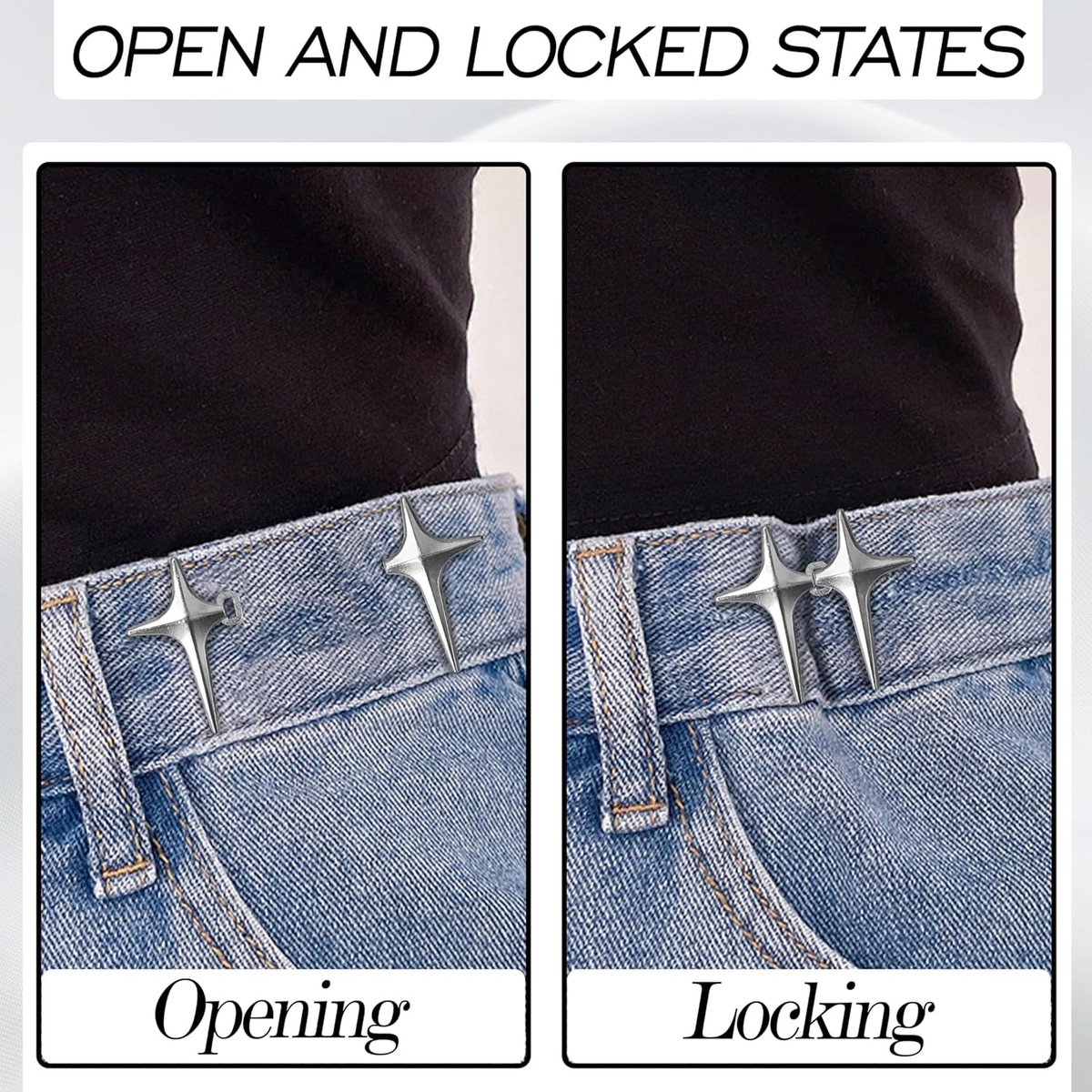 4 pieces - Waist Extender - Tightening Button Adjuster Buttons - Adjustable star button trouser waist tighter - Star trouser waist buckle - Adjustable waistband clips - Trouser waist reinforcement - For loose jeans, trousers, skirts and sleeves - Image 3