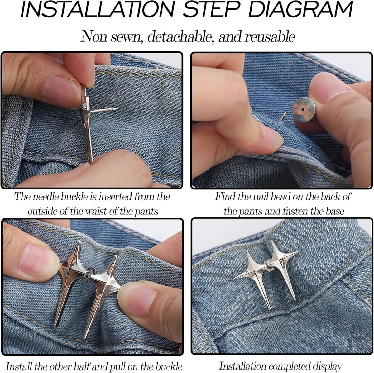 4 pieces - Waist Extender - Tightening Button Adjuster Buttons - Adjustable star button trouser waist tighter - Star trouser waist buckle - Adjustable waistband clips - Trouser waist reinforcement - For loose jeans, trousers, skirts and sleeves - Image 5
