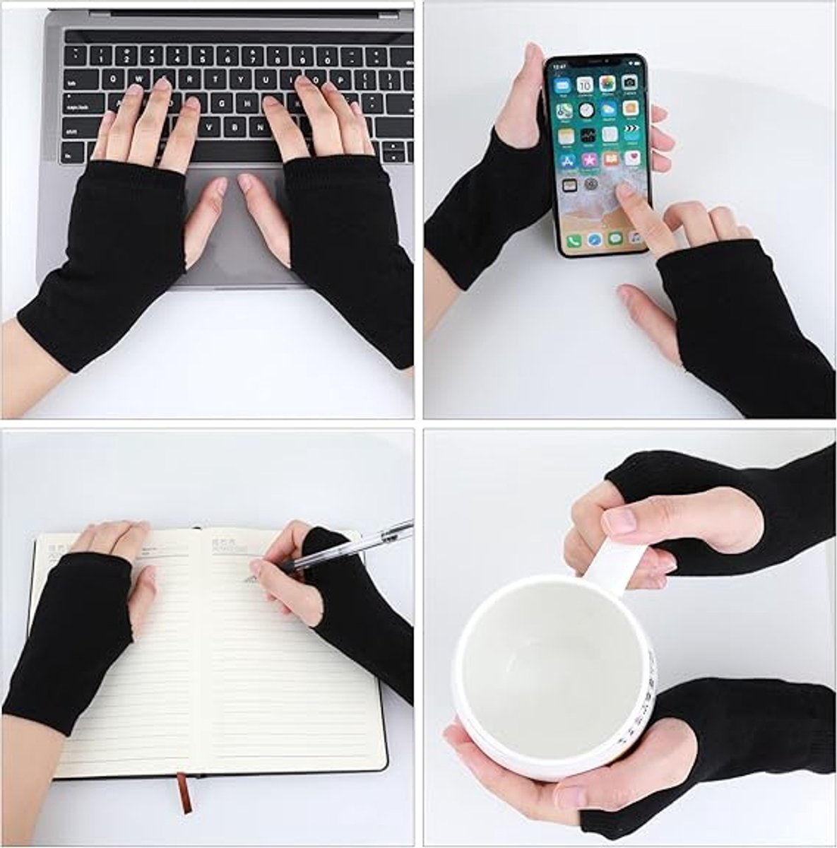 2 pairs - Gloves - Fingerless half-finger gloves - Warm fingerless gloves - Warm gloves - Half-finger gloves - Knitted gloves - with thumbhole - Winter gloves - for office work, typing, telephoning - black - Image 2