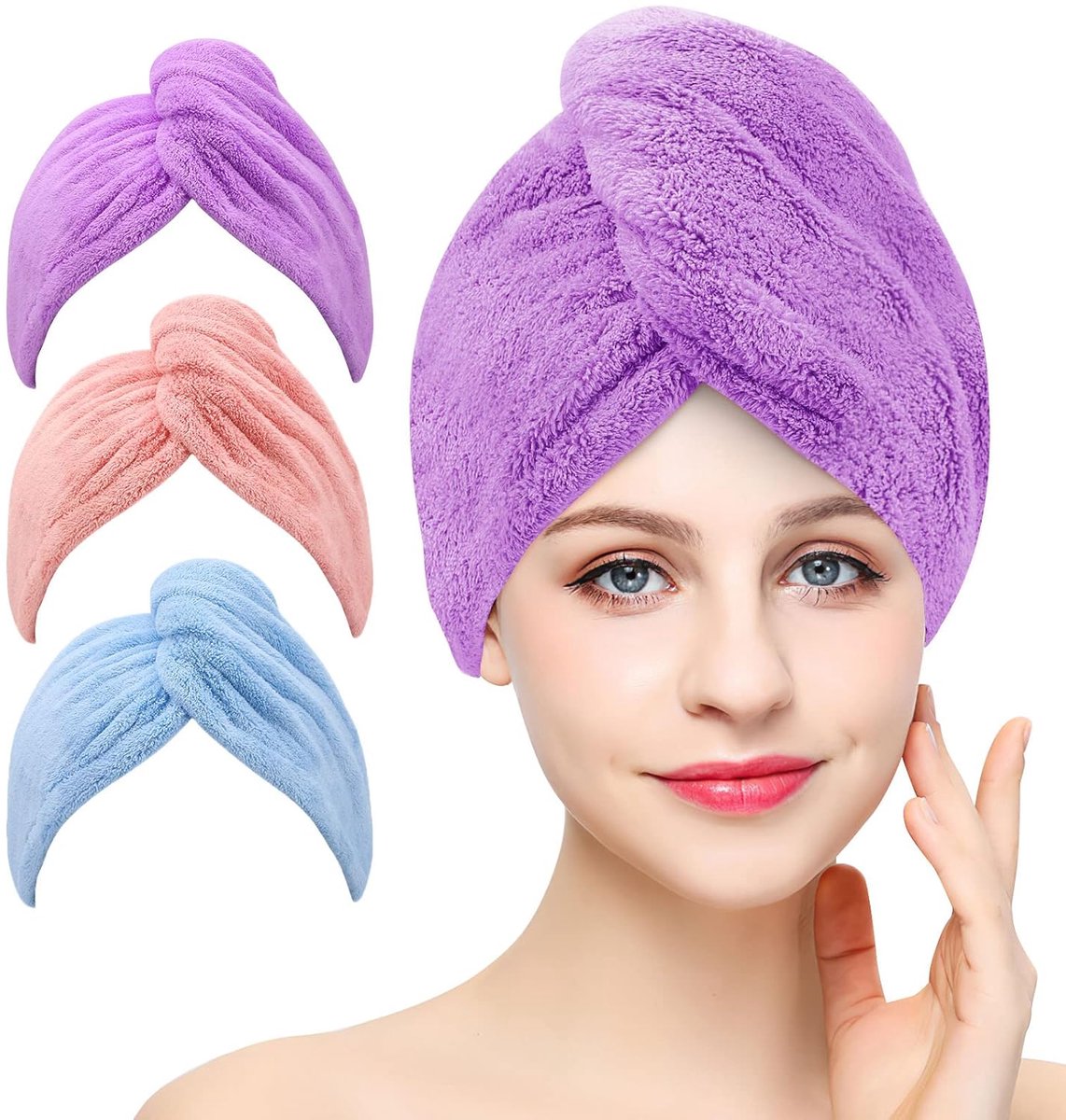 Piece Hair Towel - Microfiber Hair Towel - Hair Towel - Head Towel - Quick-Drying Towel - for Women, Men, Children, Quick-Drying Wrap for Curly - Long Hair - Anti-Frizz - Hair Towel - Purple, Pink, Blue - Image 1