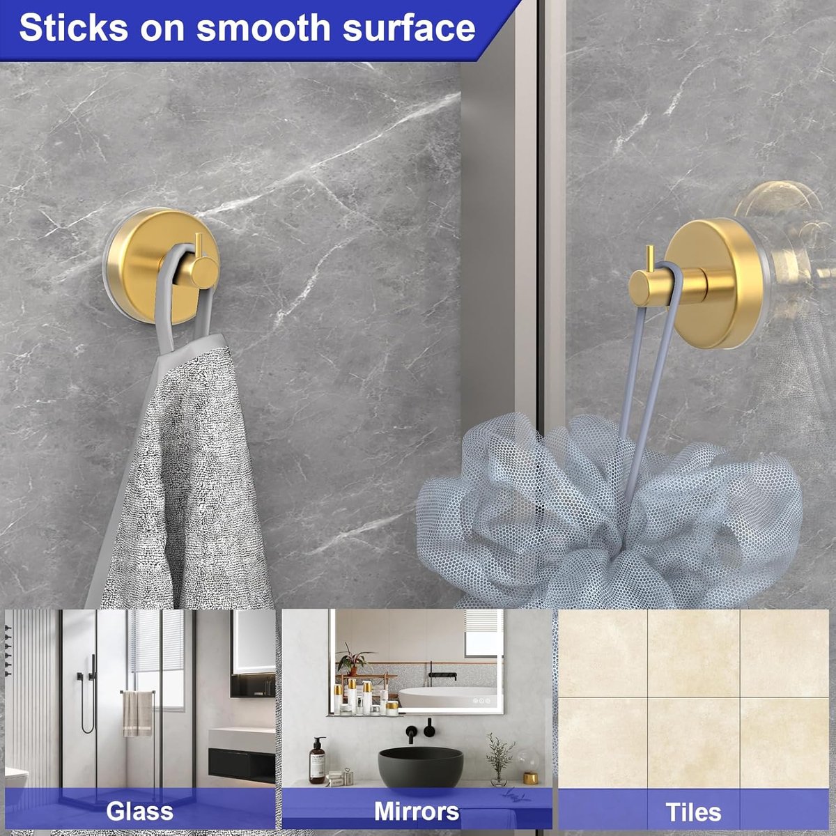 4 pieces - 6*6*5.5 cm - Suction cup hooks - Hooks with vacuum suction cup - towel hooks without drilling - waterproof - suction cup hook for shower, bathroom, kitchen, glass door - gold - Image 4