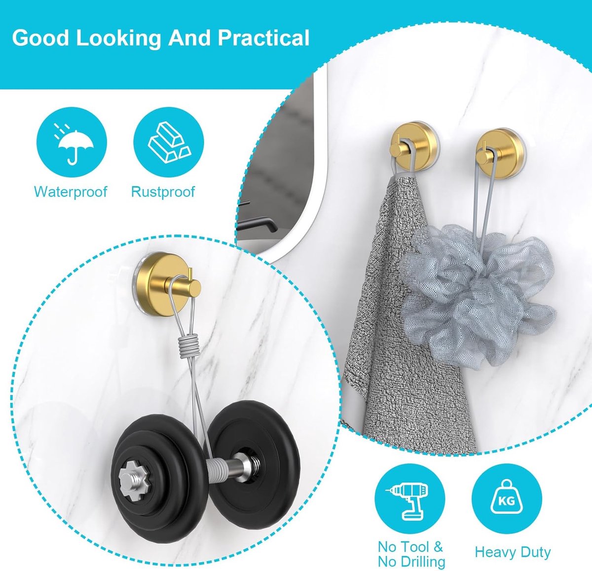 4 pieces - 6*6*5.5 cm - Suction cup hooks - Hooks with vacuum suction cup - towel hooks without drilling - waterproof - suction cup hook for shower, bathroom, kitchen, glass door - gold - Image 6