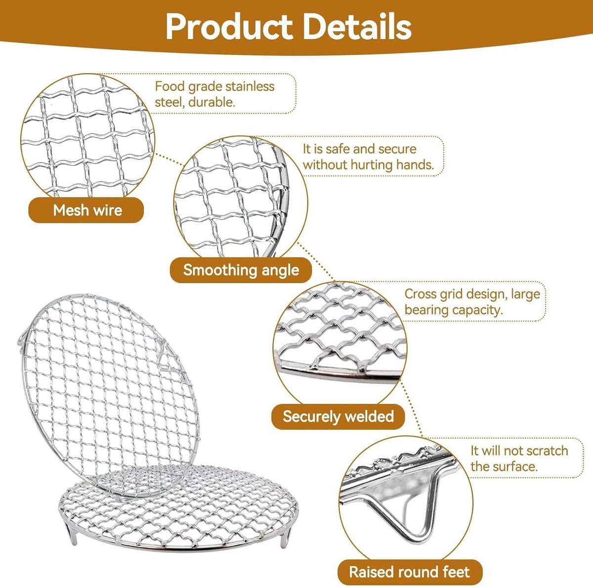 Grill - Grill grate - Grill accessories - Stainless steel grill - Round grill - Cooking and cooling rack - With support legs - For outdoor grilling - Silver - 18 cm/7.1