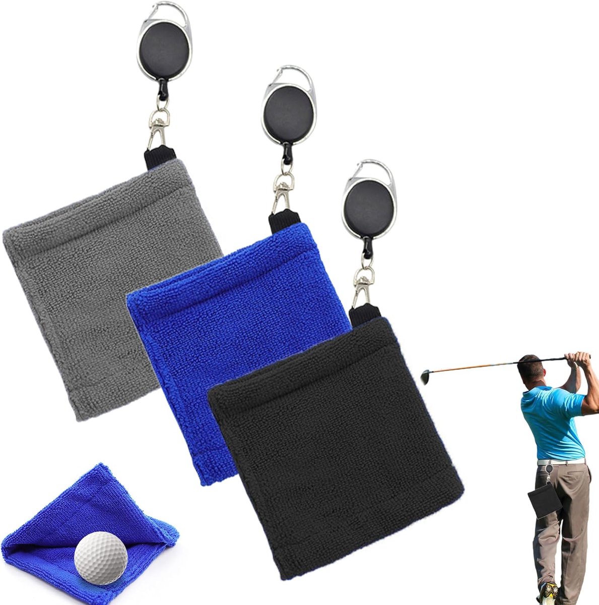 3 pieces - Golf Ball Towel - Golf Bag Amphibious Towels - with retractable buckle - Soft and delicate golf towel - Durable golf club cleaner - for fitness, outdoor sports - 12*12 cm - black, blue and grey - Image 1