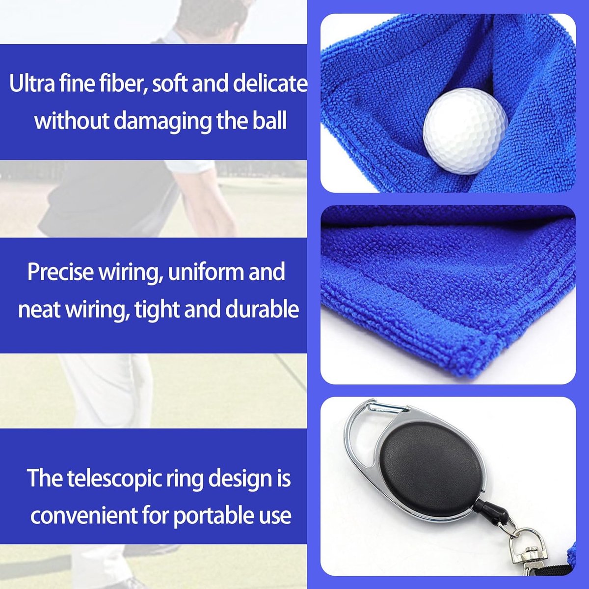 3 pieces - Golf Ball Towel - Golf Bag Amphibious Towels - with retractable buckle - Soft and delicate golf towel - Durable golf club cleaner - for fitness, outdoor sports - 12*12 cm - black, blue and grey - Image 3