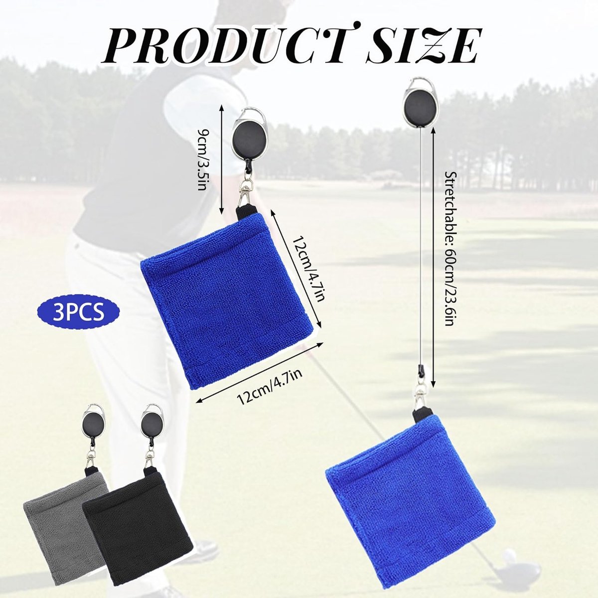 3 pieces - Golf Ball Towel - Golf Bag Amphibious Towels - with retractable buckle - Soft and delicate golf towel - Durable golf club cleaner - for fitness, outdoor sports - 12*12 cm - black, blue and grey - Image 5