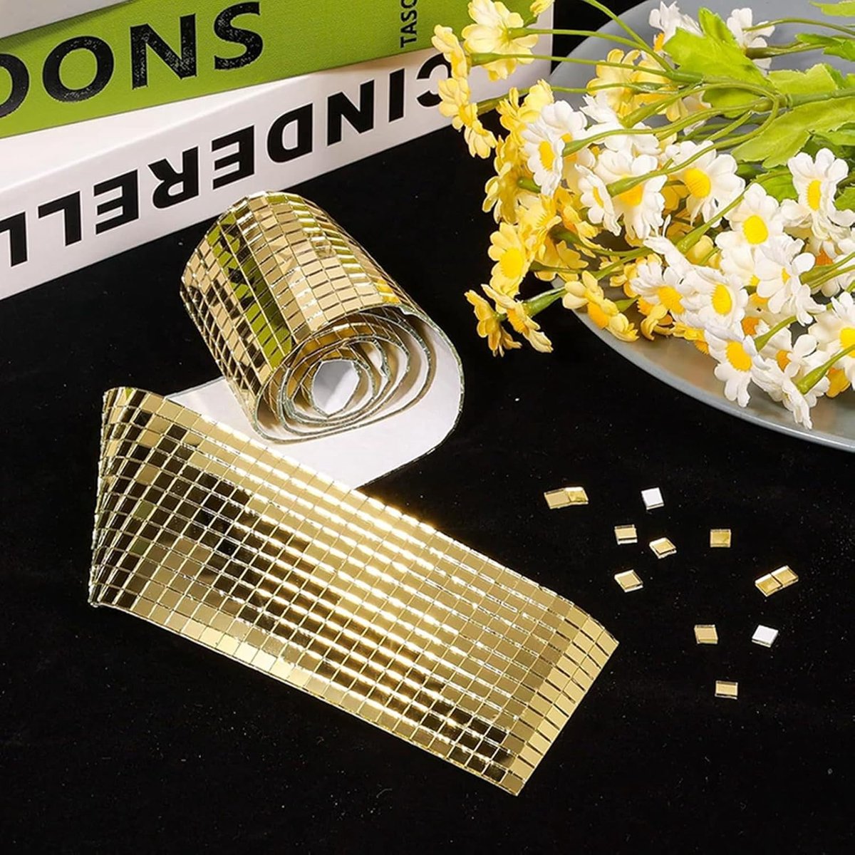 3 pieces - 4*100 cm - Self-adhesive mosaic stickers - Mini square acrylic mosaic tiles - 5*5 mm - self-adhesive acrylic mosaic tiles - mirror mosaic tiles - decorative wall stickers - for kitchen, restaurant, disco party, DIY decoration - gold - Image 2
