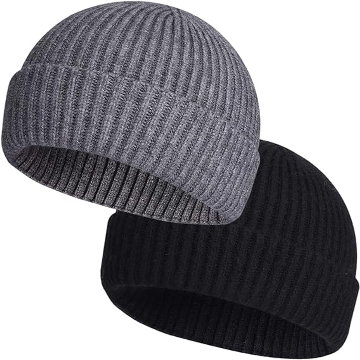 2 Pieces - hat - men's hat - Beanie - women's hat - men's beanie - Winter hat - knitted hat - Warm Hats - Cycling hat - Knitted ski hats - Running hats - Ultrawarm - Unisex - short knitted autumn winter warm hat - Grey, Black - Image 1