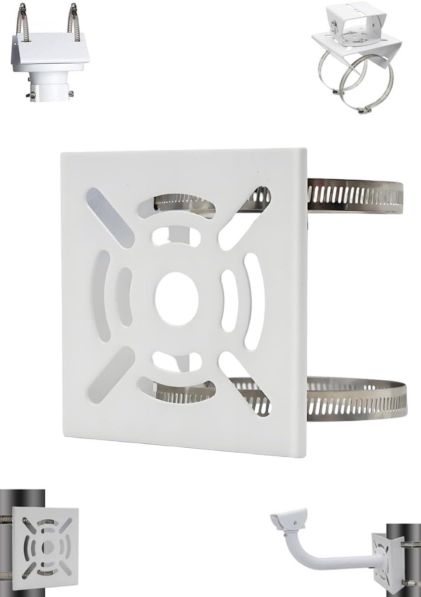 Security camera bracket - Camera bracket - Security bracket - with 2 rings - universal metal bracket - Vertical pole adapter - For security cameras - Sturdy metal bracket - Flat pole bracket - sturdy and durable - White - Image 1