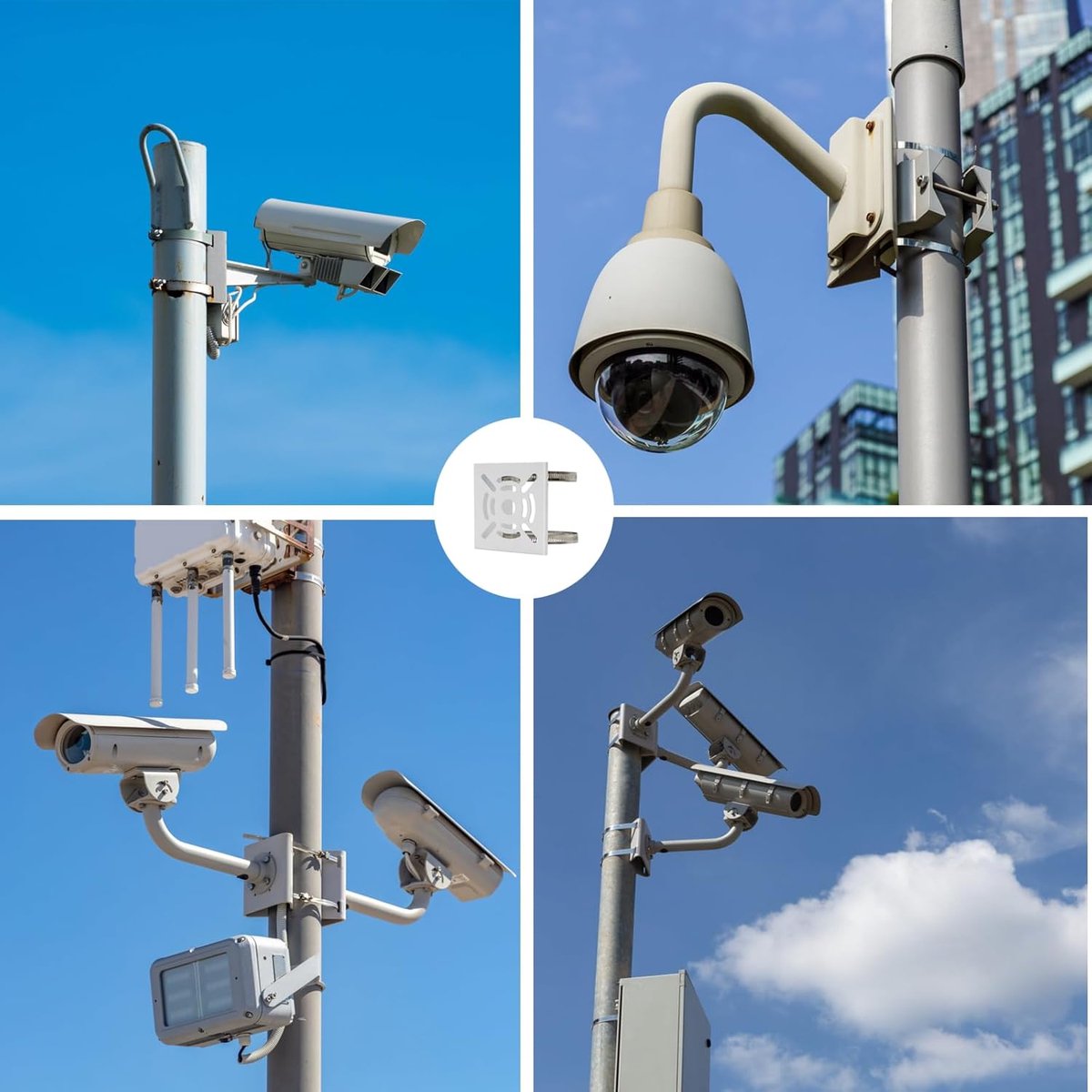 Security camera bracket - Camera bracket - Security bracket - with 2 rings - universal metal bracket - Vertical pole adapter - For security cameras - Sturdy metal bracket - Flat pole bracket - sturdy and durable - White - Image 2