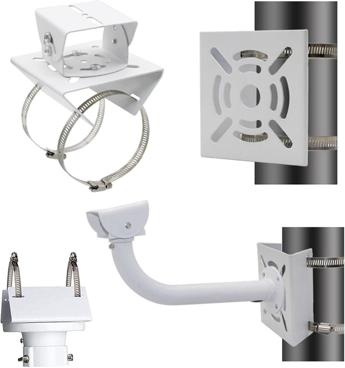 Security camera bracket - Camera bracket - Security bracket - with 2 rings - universal metal bracket - Vertical pole adapter - For security cameras - Sturdy metal bracket - Flat pole bracket - sturdy and durable - White - Image 4