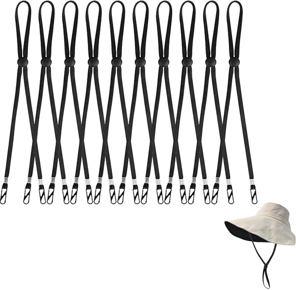 10 pieces - Hat cord - Windproof hat cord - Hat strap clips for travel hats - Removable chin strap - Anti-wind hood strap clip - Anti-loss hat strap clip - For golfing, boating, fishing, hats, outdoors - Black - 35 cm - Image 1