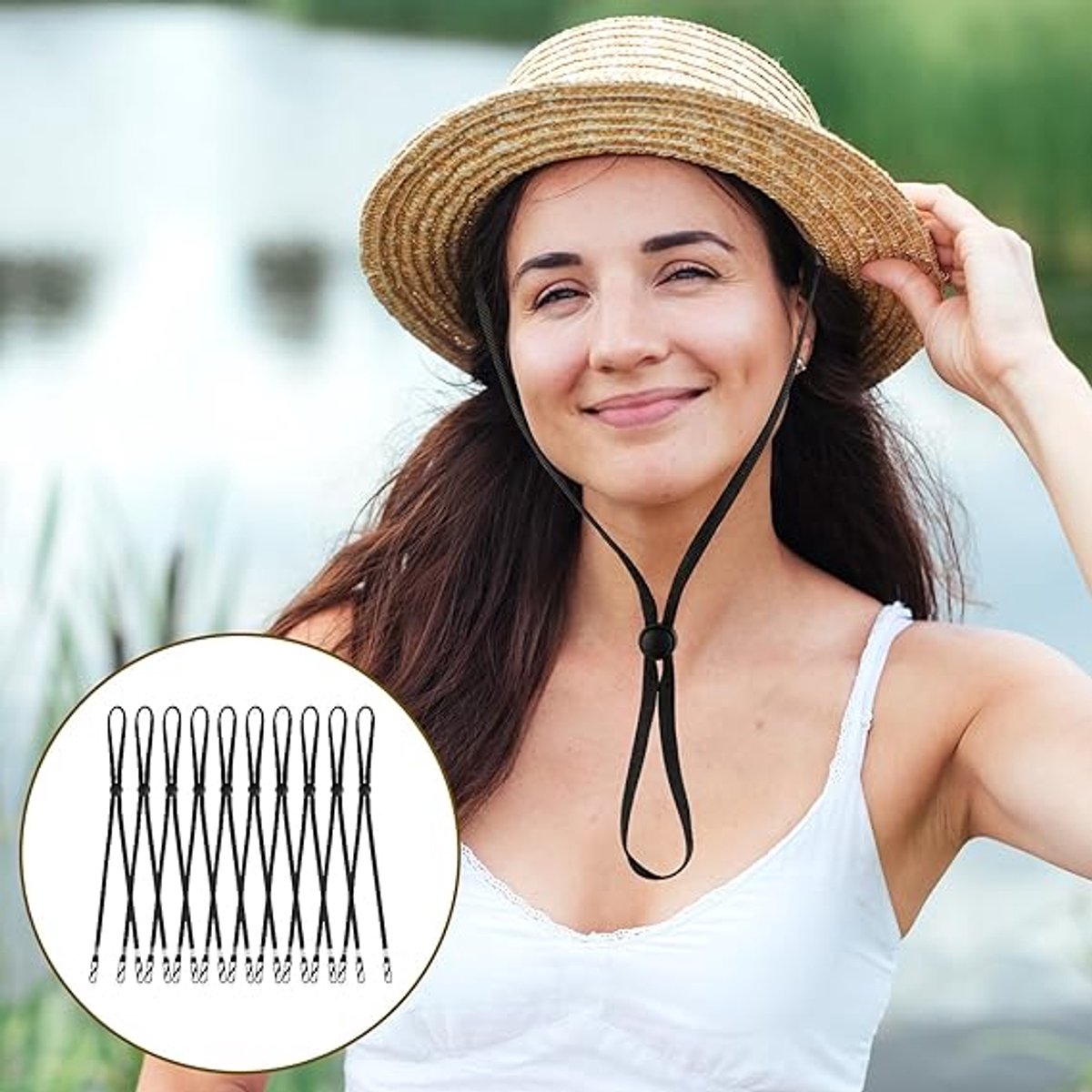 10 pieces - Hat cord - Windproof hat cord - Hat strap clips for travel hats - Removable chin strap - Anti-wind hood strap clip - Anti-loss hat strap clip - For golfing, boating, fishing, hats, outdoors - Black - 35 cm - Image 4