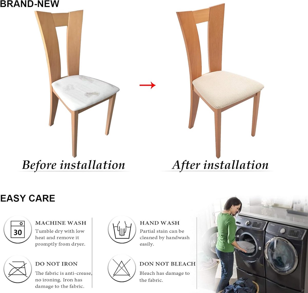 4 Pieces Chair Cover - Chair Cover for Dining Chair - Chair Protectors - Dining Room Chair Covers - chair chair upholstery - removable spandex dining room rack chair cover - Covers for Dining Chairs - Universal Chair Cover - Checks - beige - Image 3