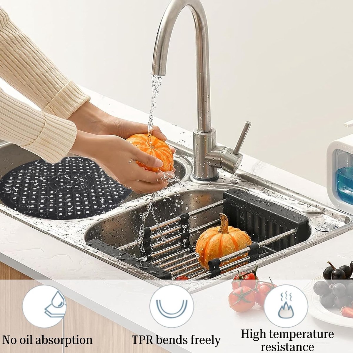1 Piece Silicone Sink Mat - Washbasin Mat - Sink Mat - Sink Mats - Rubber Countertop Mat for Sink - Cuttable - Foldable - Non-slip - Round sink mat - Protective mat - For countertop - Round Black - ø 31 Cm - Image 4