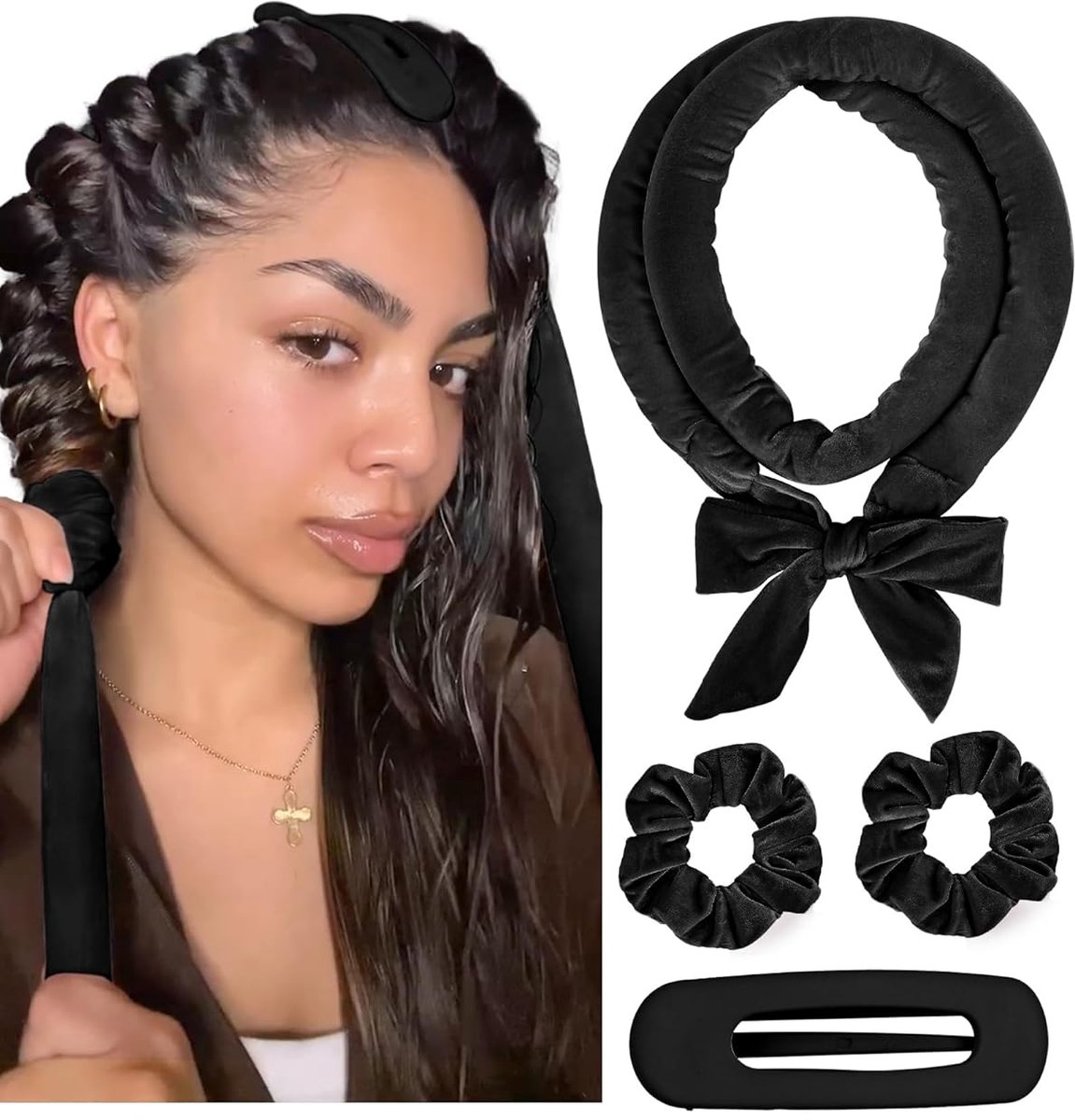 Heatless Curls - 4-piece set - Hair Rollers - Heatless Curls with Hair Scrunchies and Clip - Heatless Curls - Curlers - Hair Curler - Black - Image 1