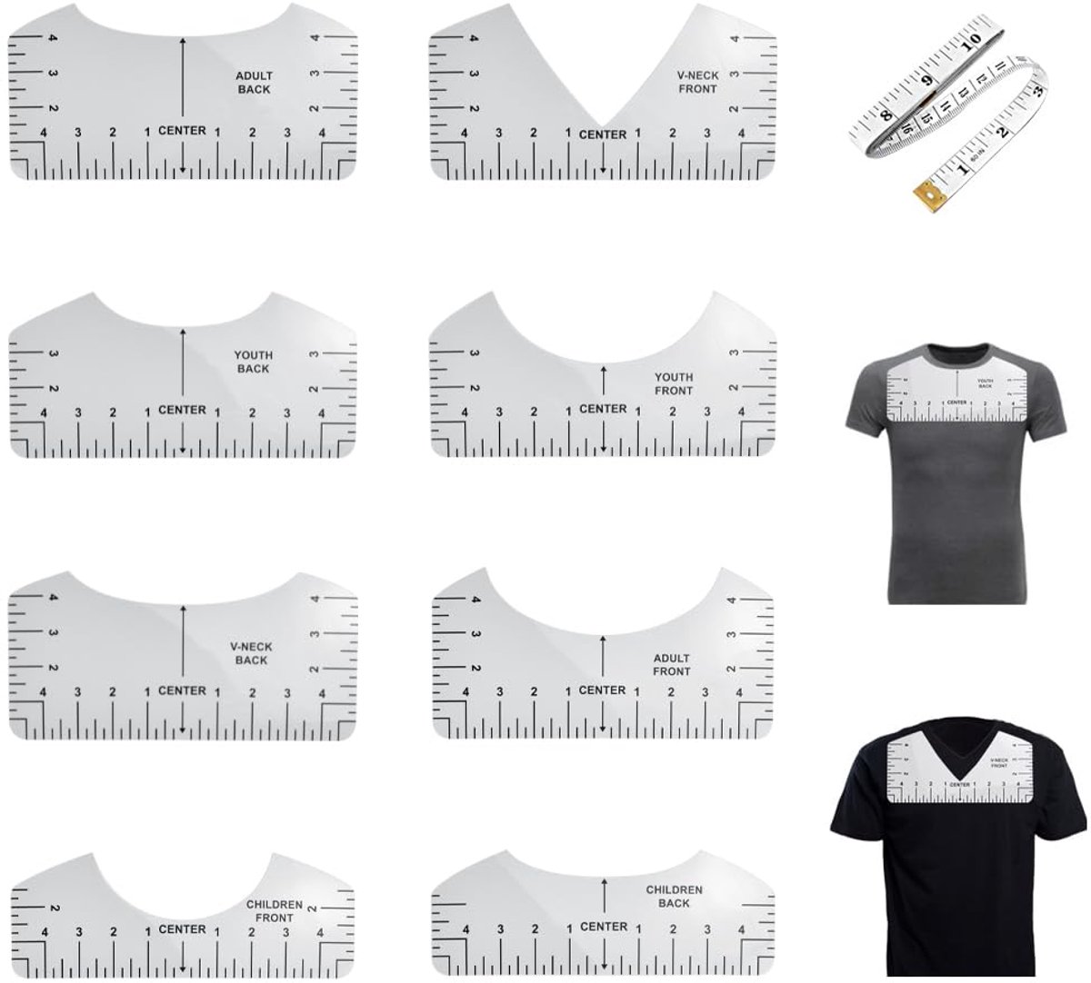 8 pieces - T-shirt ruler guide - with 1 soft measuring tape - T-shirt alignment tool - T-shirt alignment rulers - T-shirt rulers - for round neck and V-neck - sewing tools - white - Image 1