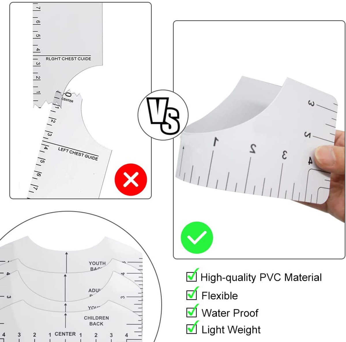 8 pieces - T-shirt ruler guide - with 1 soft measuring tape - T-shirt alignment tool - T-shirt alignment rulers - T-shirt rulers - for round neck and V-neck - sewing tools - white - Image 4