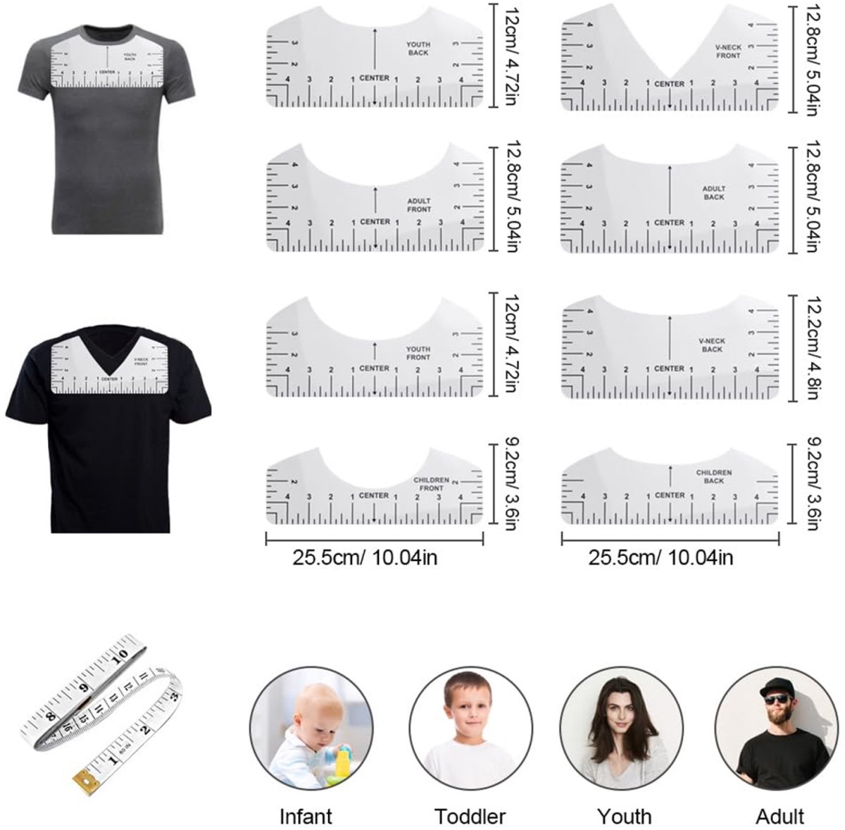 8 pieces - T-shirt ruler guide - with 1 soft measuring tape - T-shirt alignment tool - T-shirt alignment rulers - T-shirt rulers - for round neck and V-neck - sewing tools - white - Image 5