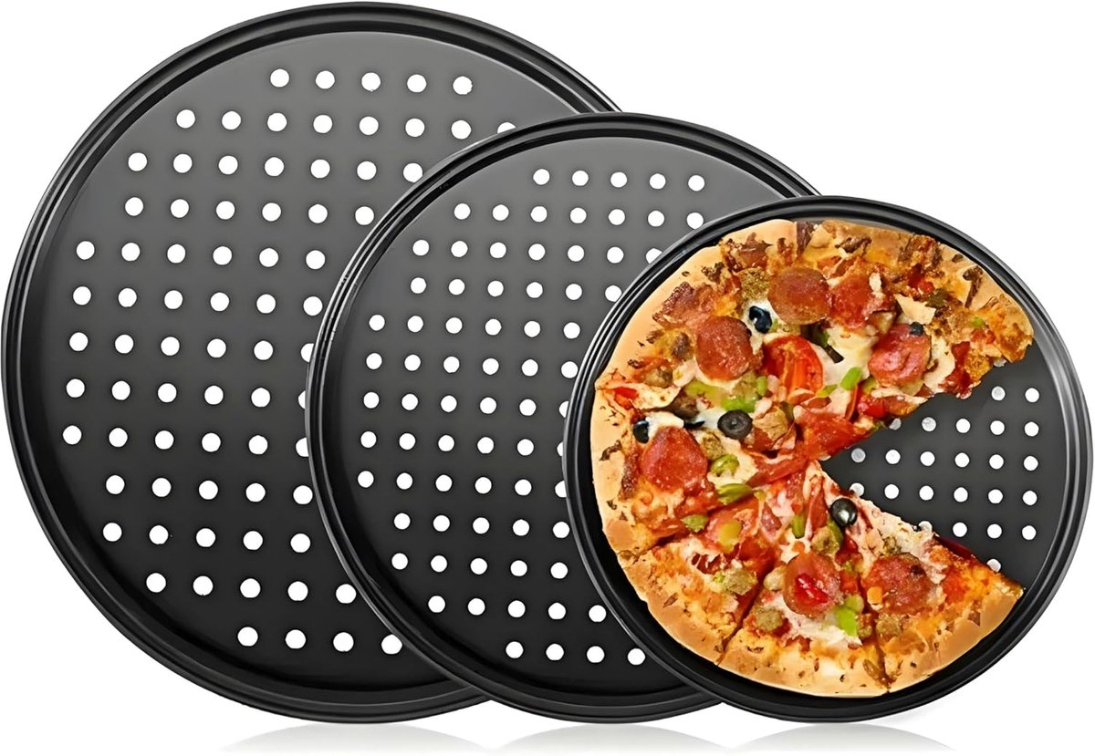 3 pieces - Pizza pans - round pizza plate - pizza baking sheet - baking sheet - round baking sheets with non-stick coating - perforated pizza baking set - pizza pans with holes - for home, kitchen and oven - 24cm, 28 cm, 32 cm - black - Image 1