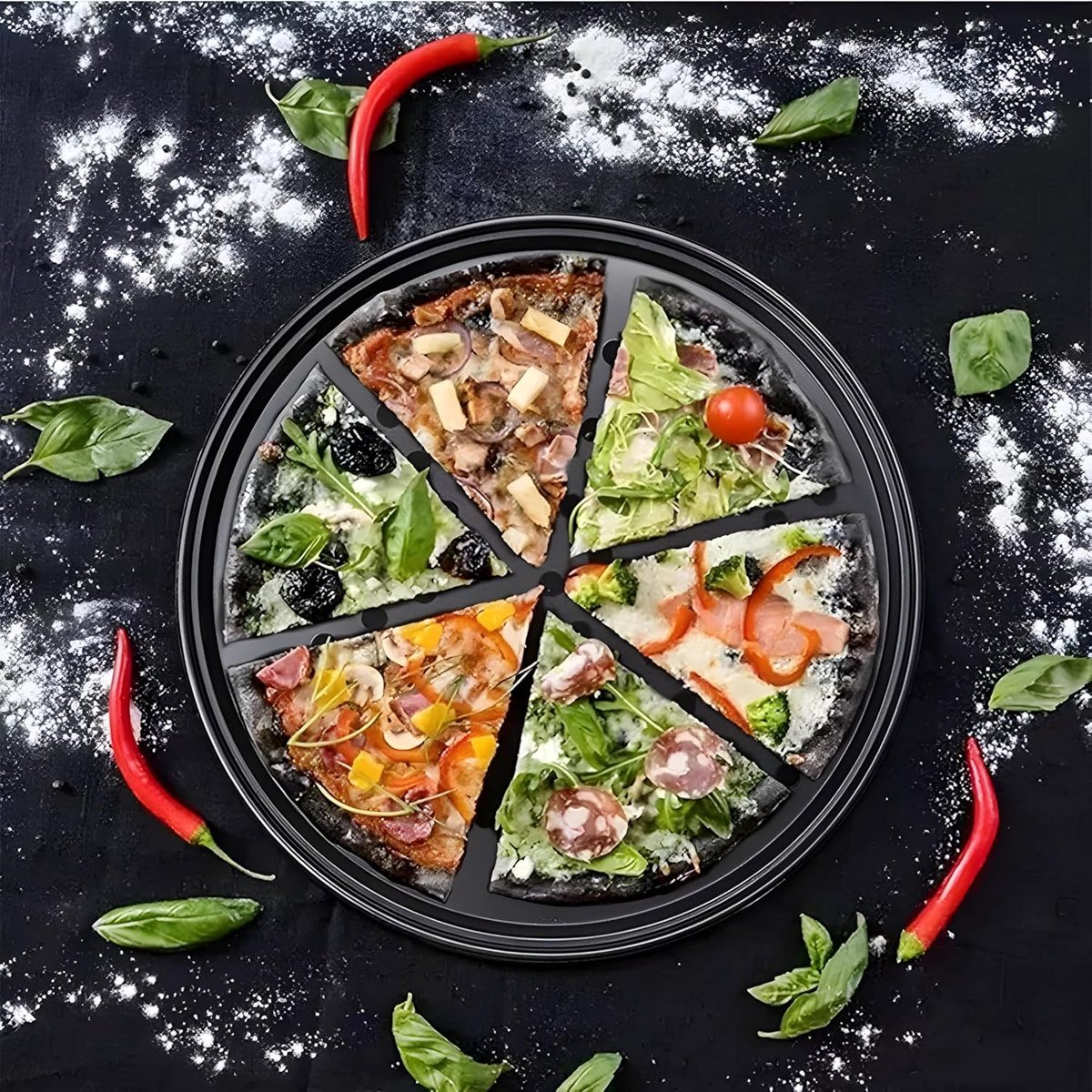 3 pieces - Pizza pans - round pizza plate - pizza baking sheet - baking sheet - round baking sheets with non-stick coating - perforated pizza baking set - pizza pans with holes - for home, kitchen and oven - 24cm, 28 cm, 32 cm - black - Image 2