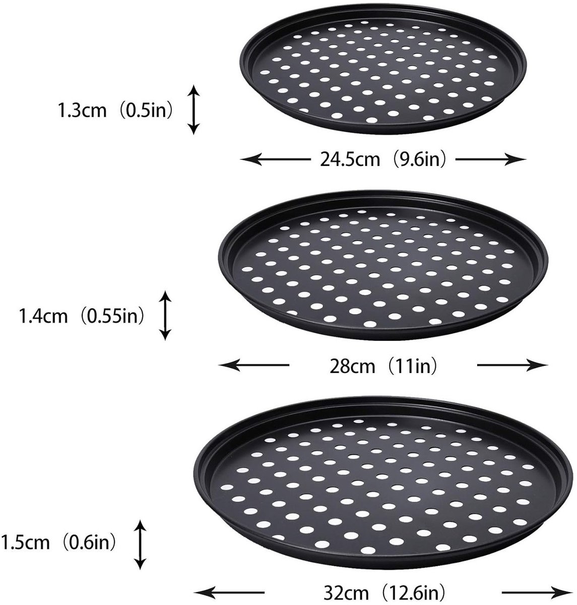 3 pieces - Pizza pans - round pizza plate - pizza baking sheet - baking sheet - round baking sheets with non-stick coating - perforated pizza baking set - pizza pans with holes - for home, kitchen and oven - 24cm, 28 cm, 32 cm - black - Image 5