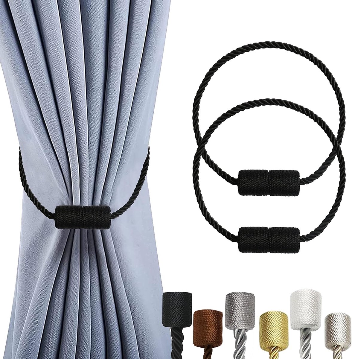 2 Pieces Magnetic Curtain Ties - Curtain Tieback Hook - Curtain Fasteners - Curtain Tieback - Magnetic Curtain Cord - Curtain Ties - Curtain Holders - Thickened Steel Cable - Black - Image 1