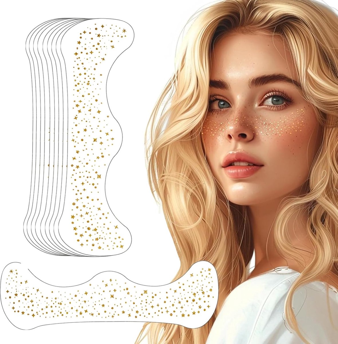 10 pieces - Temporary Glitter Face Tattoos - Glitter makeup stickers - Gold freckle face stickers - Self-adhesive Tattoos for Adults - Gold glitter freckle face stickers - Festival Glitters - Face stickers - Image 1