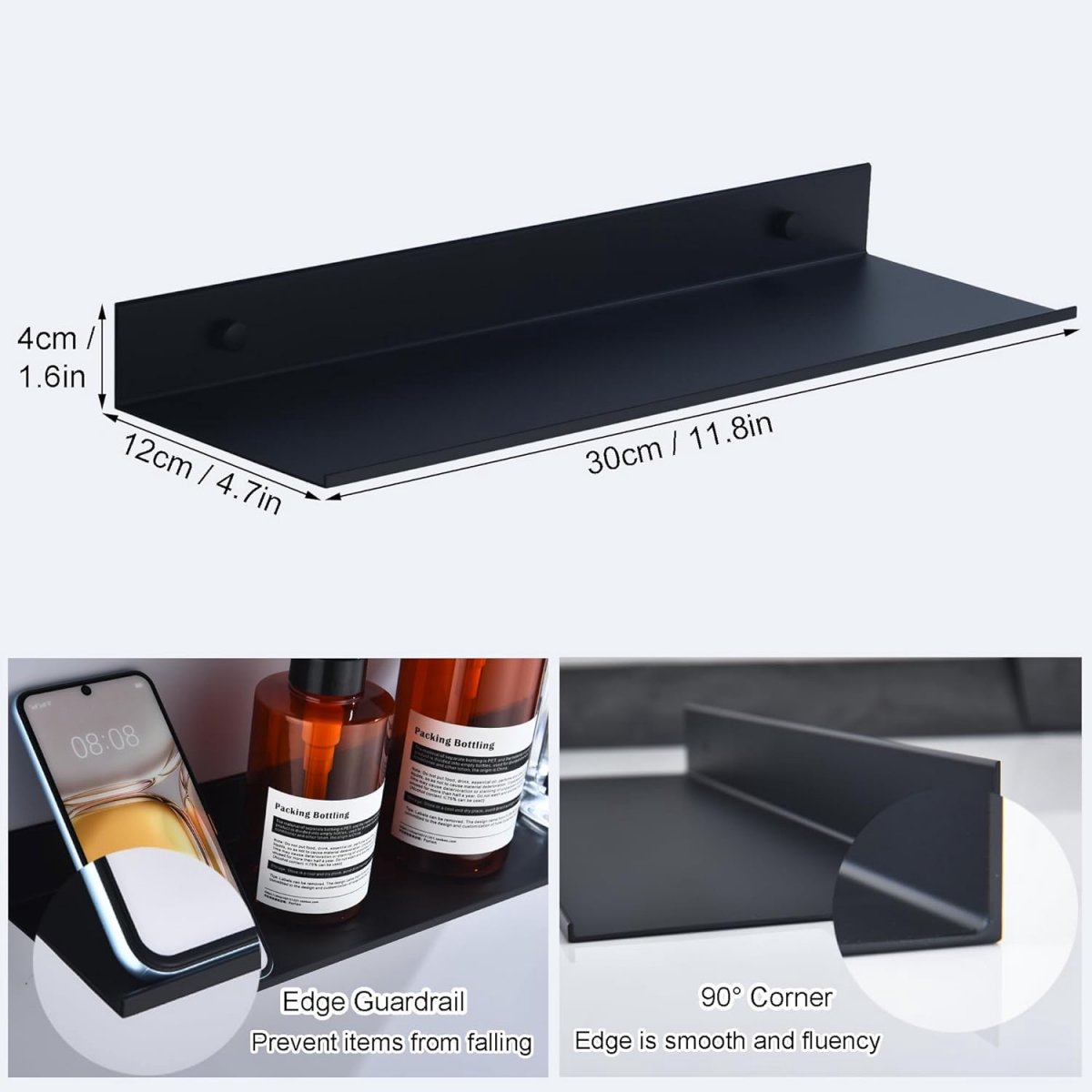30*12*4 cm - Wall-mounted rack - Bathroom Shelves - Metal shelves - waterproof - small floating metal shelves - wall shelf - for bathroom, living room, bedroom, kitchen - with screws - black - Image 4