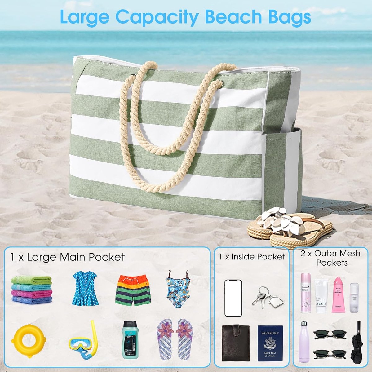 Beach bag - large beach bags for women - waterproof beach bags with zipper and rope handle, travel bags Shopping essentials Pool Gym - Vegetables - Image 2