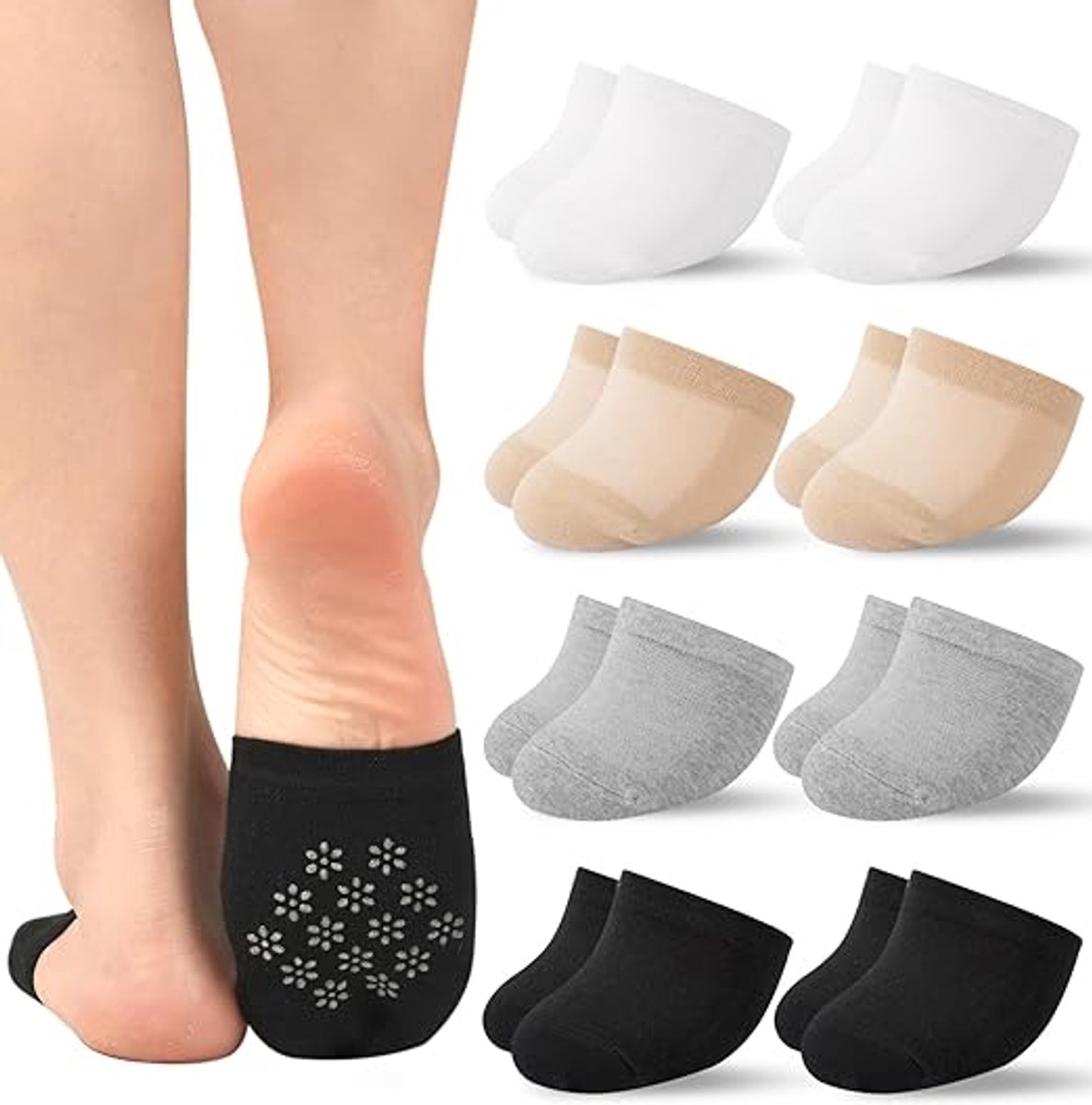 pairs - Half socks - Women's no-show anti-slip half socks - Cotton invisible lining toe protectors - toe protector socks - invisible socks - seamless five-toe socks - sock - for clogs - black, white, khaki, grey - Image 1