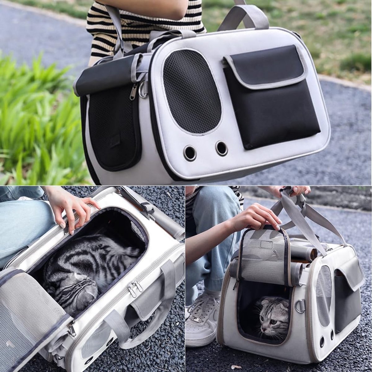 Cat and Dog Transport Bag - Travel Basket - Foldable Cat Transport Box - Cat Bag - Pet Carrier Bag with breathable holes and pockets - for medium-sized cats, small dogs - Dog Bag - 45 x 28 x 26 cm - Black - Image 3