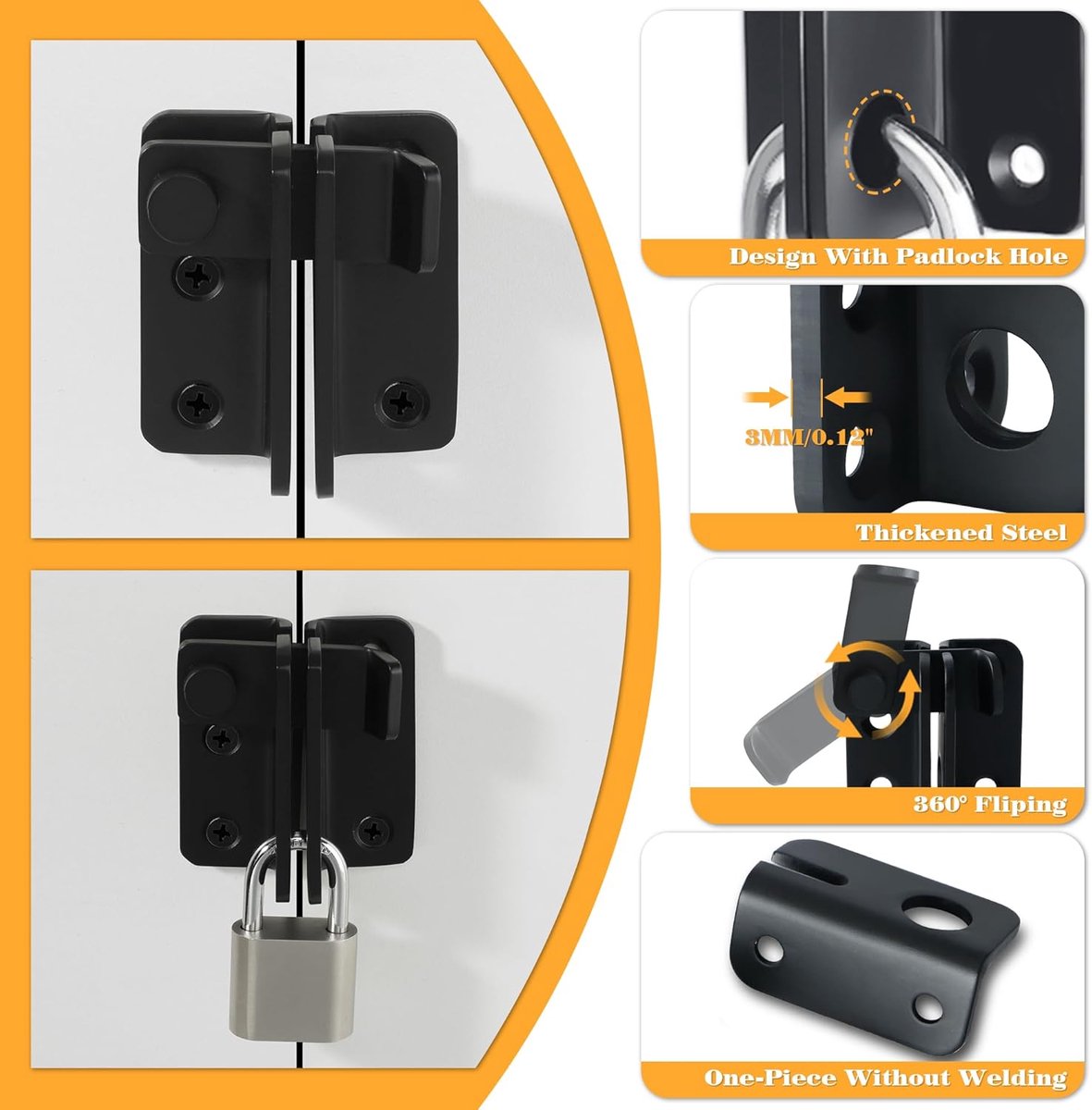 2 pieces - Lock - 60*54*27 mm - stainless steel door lock - sliding bolt with safety latch - left-hand sliding bolt - with screws - for sliding wardrobe, animal cage, garden, bathroom, garage door, sliding door - black - Image 3