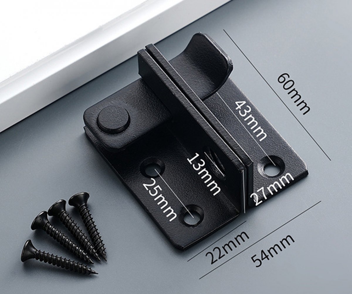 2 pieces - Lock - 60*54*27 mm - stainless steel door lock - sliding bolt with safety latch - left-hand sliding bolt - with screws - for sliding wardrobe, animal cage, garden, bathroom, garage door, sliding door - black - Image 5