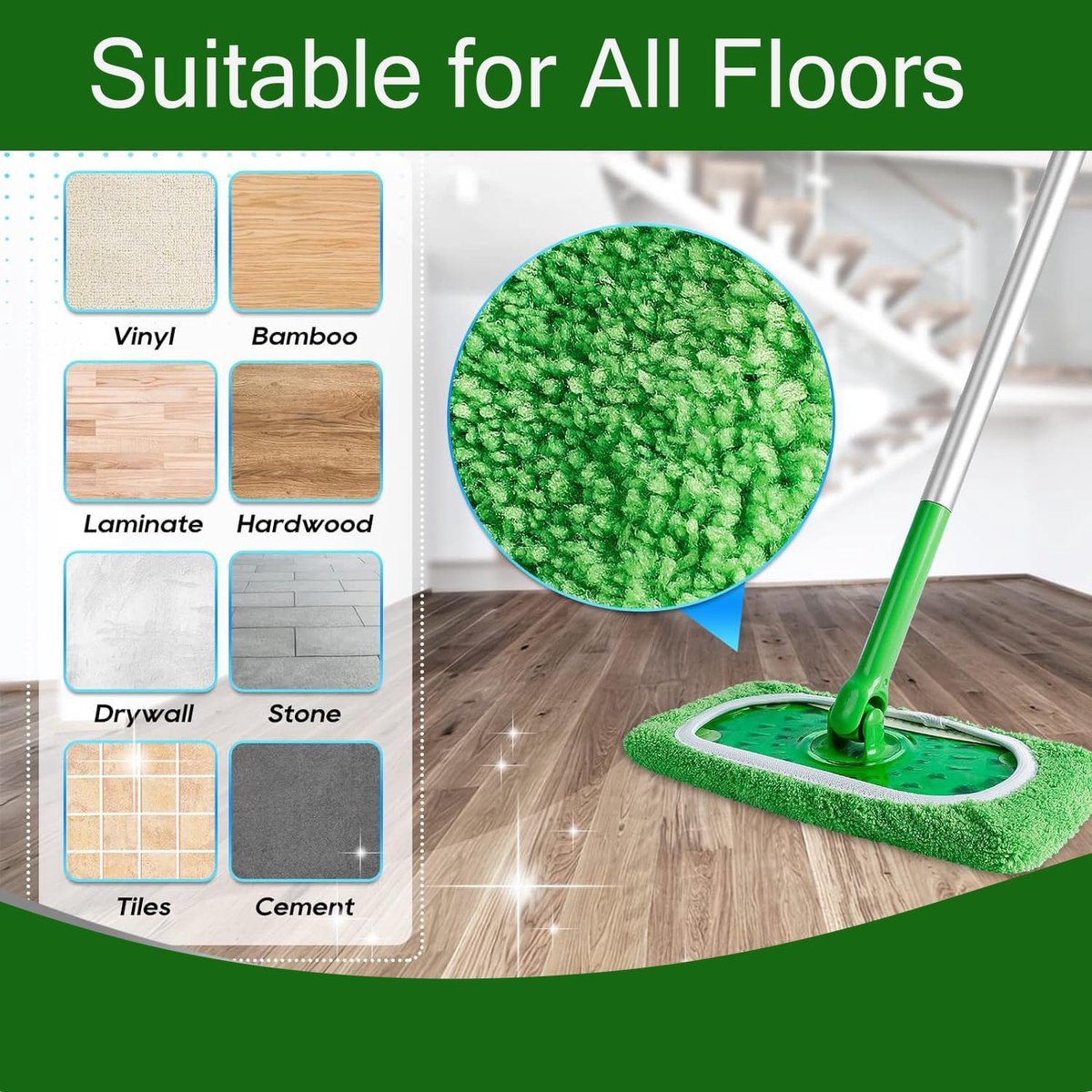 4 Pack Reusable Microfiber Mop Pads - Suitable for Efficient Sweeping Cleaning - Suitable for Swiffer Sweeper - Wet & Dry Cleaning Cloths - Mop Head Replacement - Washable Refills - for Household Floors - 25 x 11.5 cm - Image 3