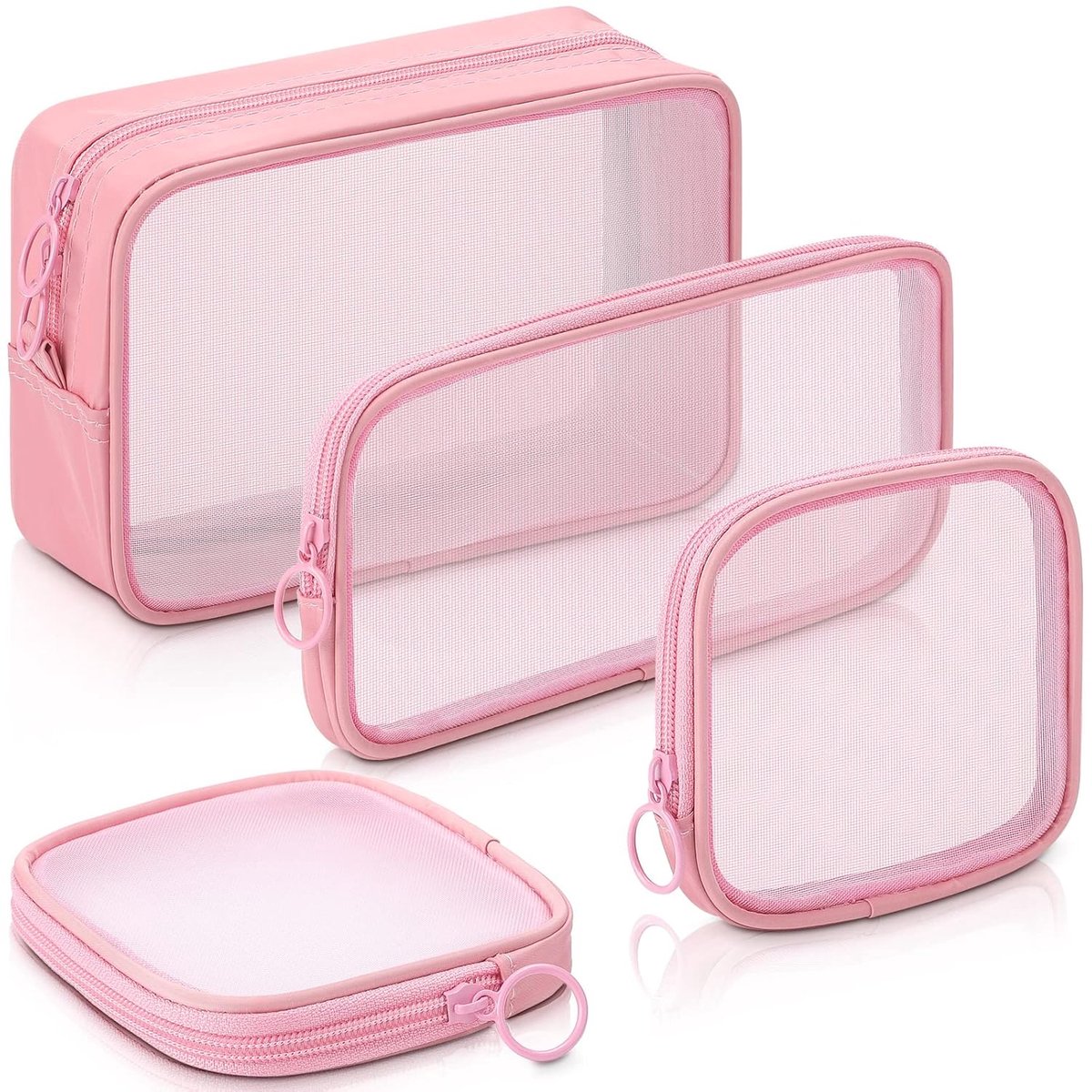 4 pieces - Cosmetic bag - Travel toiletry bag - Storage bag - mesh cosmetic bag - travel bag with zipper - mini makeup bag - for daily accessories - for travel and daily use - small, large, medium - pink - Image 1