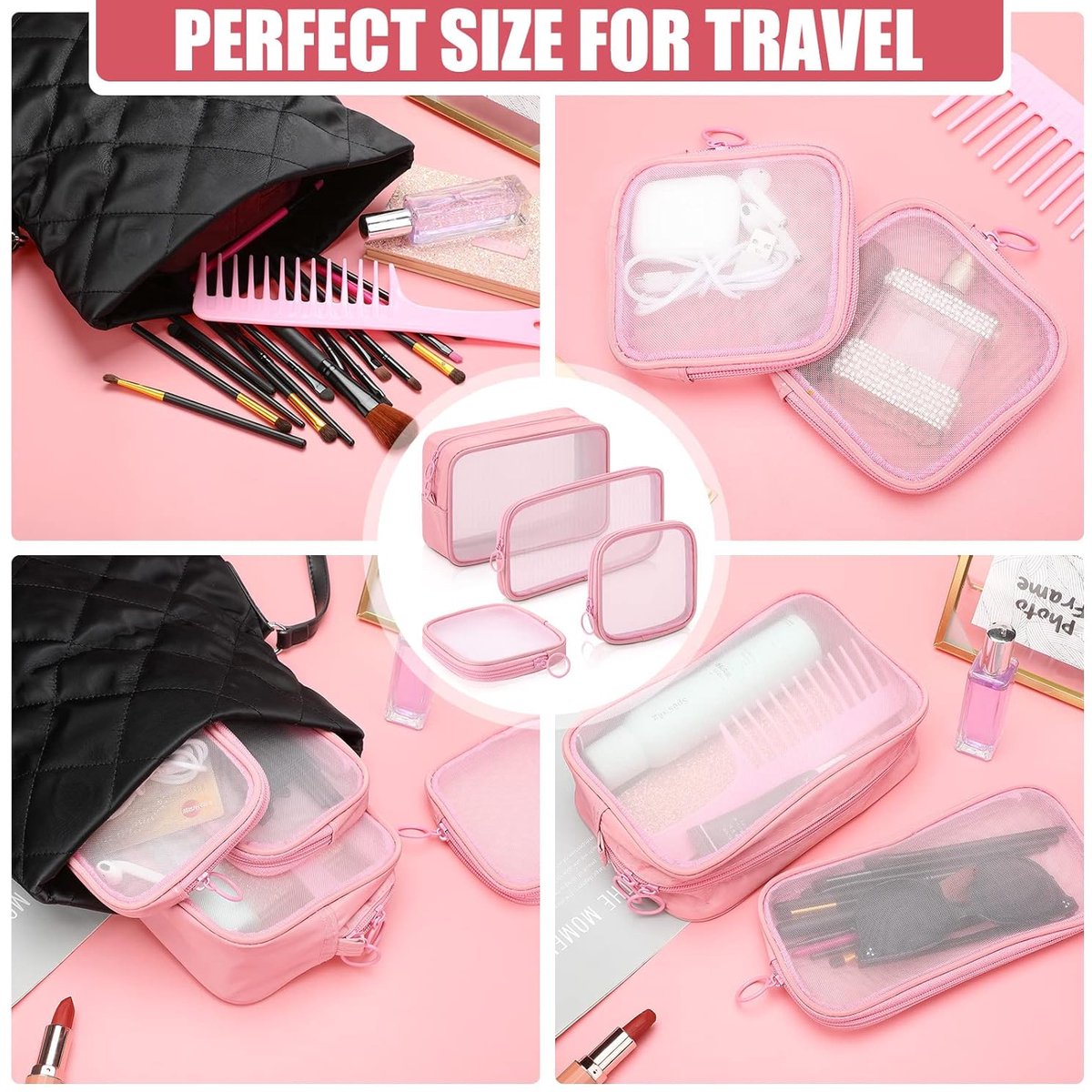 4 pieces - Cosmetic bag - Travel toiletry bag - Storage bag - mesh cosmetic bag - travel bag with zipper - mini makeup bag - for daily accessories - for travel and daily use - small, large, medium - pink - Image 3