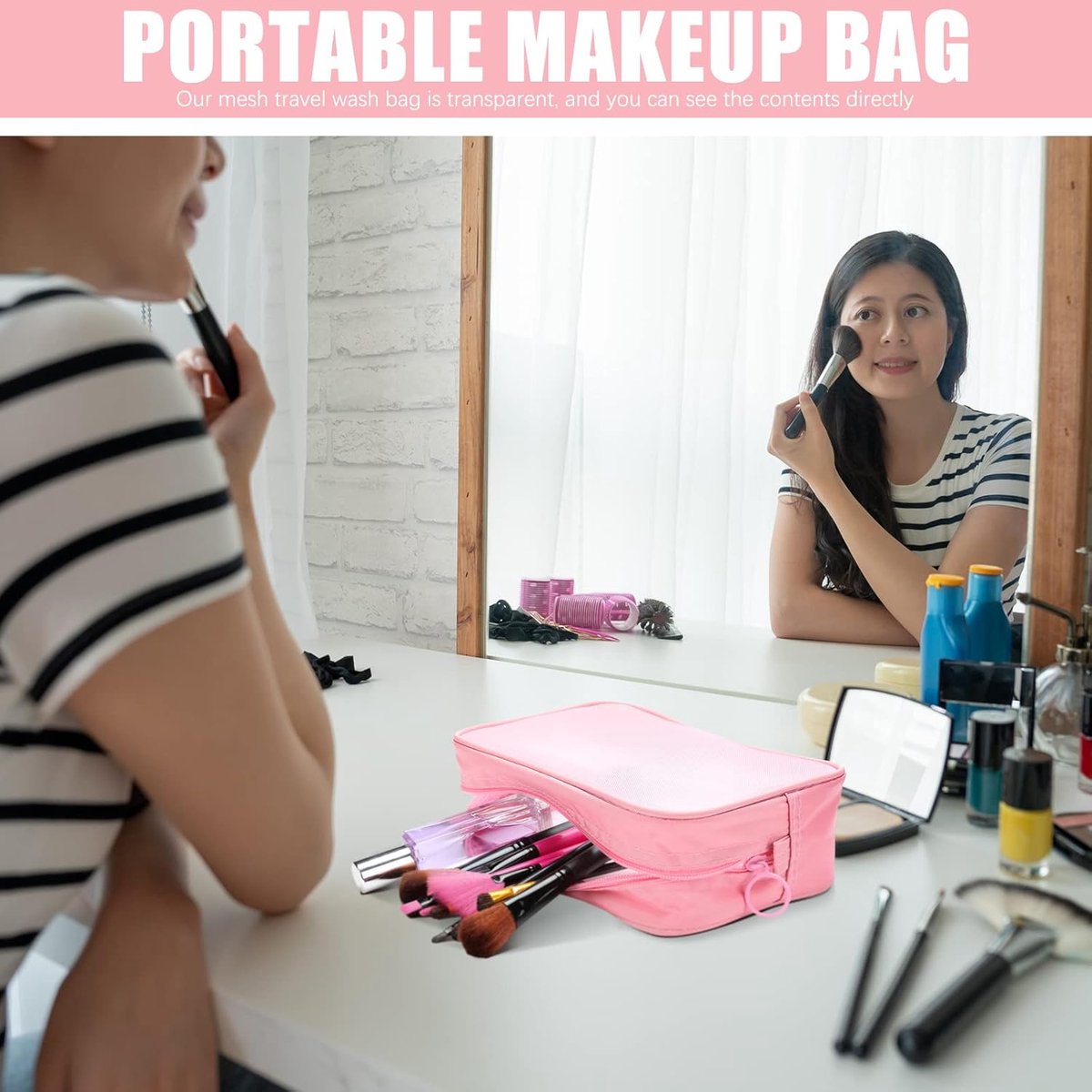 4 pieces - Cosmetic bag - Travel toiletry bag - Storage bag - mesh cosmetic bag - travel bag with zipper - mini makeup bag - for daily accessories - for travel and daily use - small, large, medium - pink - Image 5