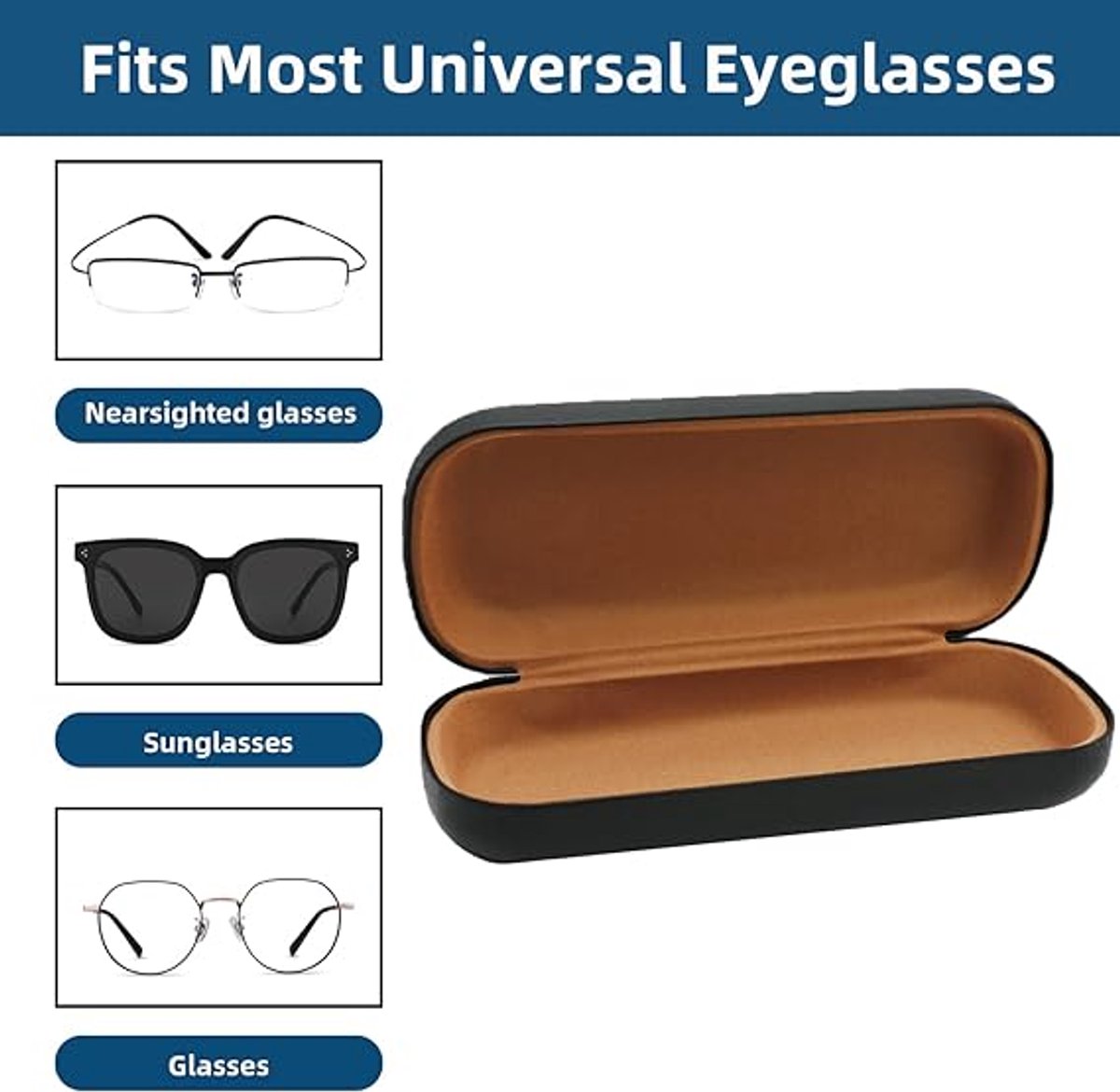 Hard glasses case - PU leather glasses case - Wearable protection - Cover - Leather glasses case - Black - 16 x 6.4 x 3.6 cm - Image 3
