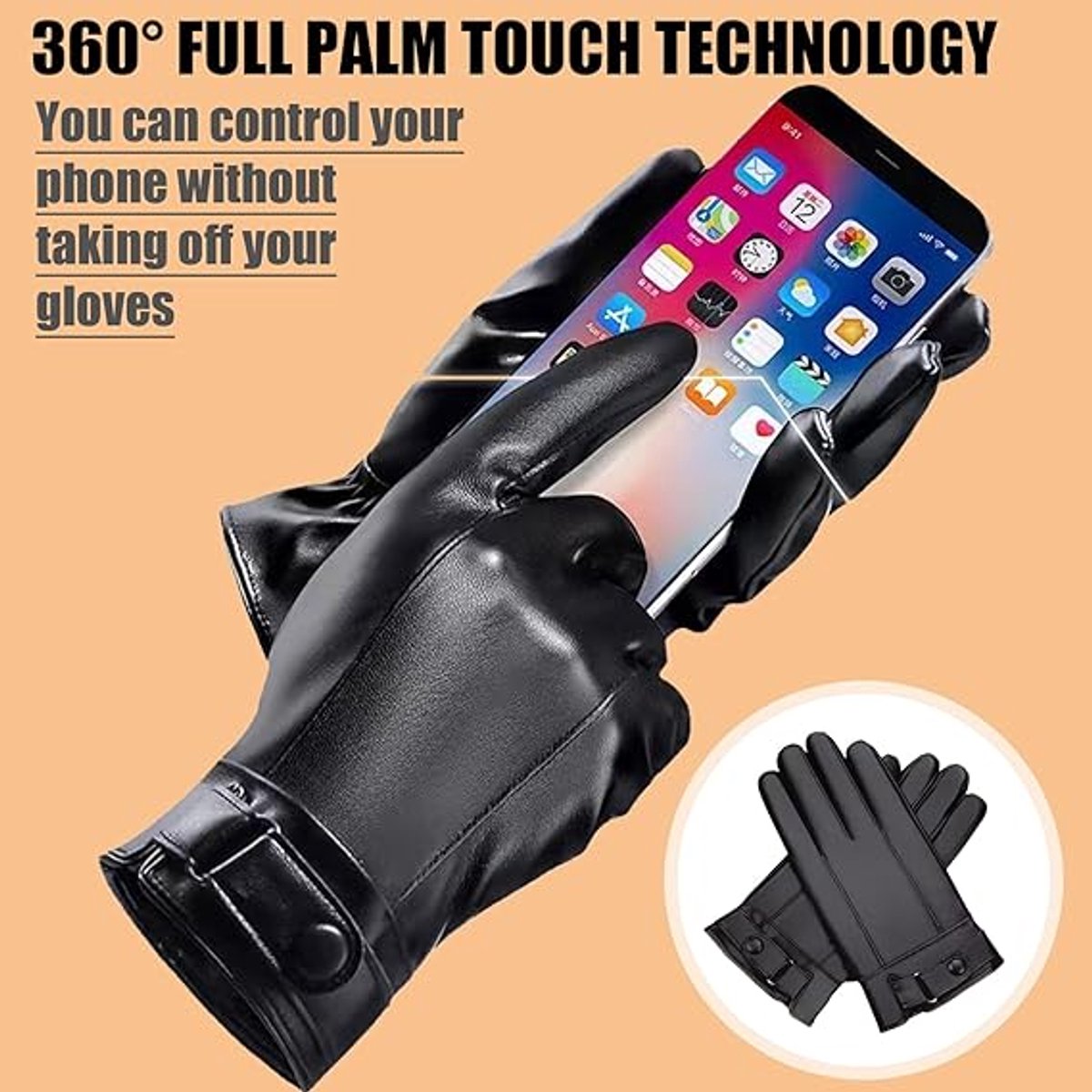 Gloves - Cycling Gloves - Winter Cycling Gloves - Touchscreen Gloves - Men's Leather Gloves - Winter Gloves - Winter and Outdoor Sports - Warm and Stylish Gloves - Cycling - Touchscreen - Black - Image 3