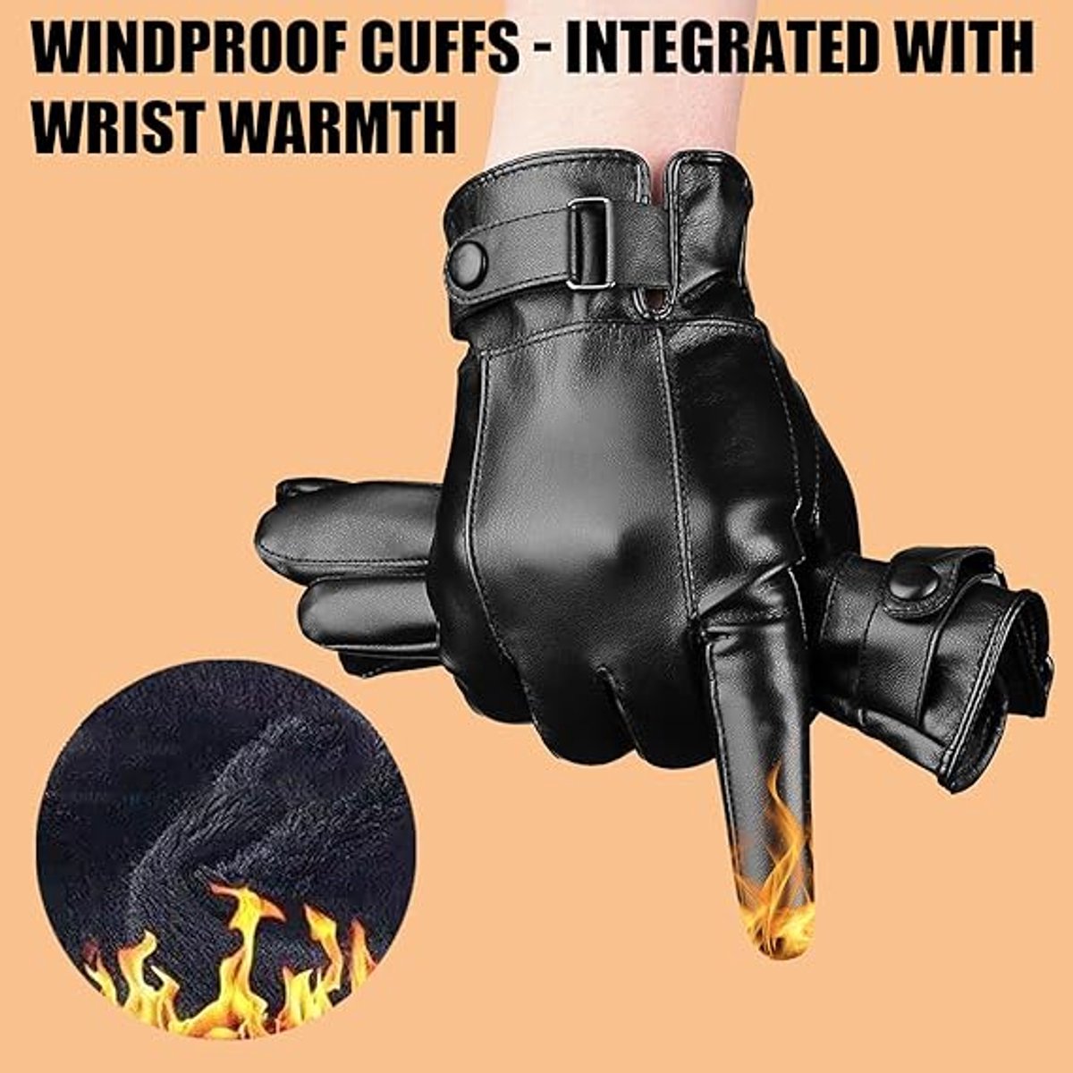 Gloves - Cycling Gloves - Winter Cycling Gloves - Touchscreen Gloves - Men's Leather Gloves - Winter Gloves - Winter and Outdoor Sports - Warm and Stylish Gloves - Cycling - Touchscreen - Black - Image 4